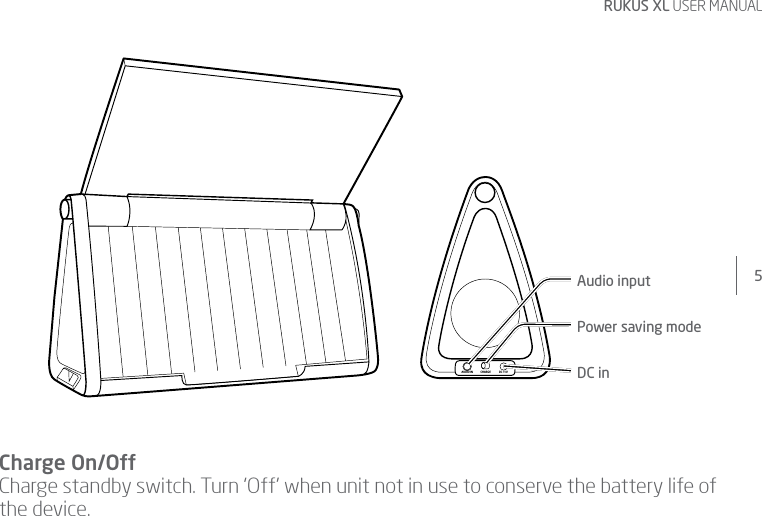 5RUKUS XL USER MANUALAUDIO IN  CHARGE  DC 11VCharge On/Off Charge standby switch. Turn ‘Off’ when unit not in use to conserve the battery life of the device.Audio inputPower saving modeDC in