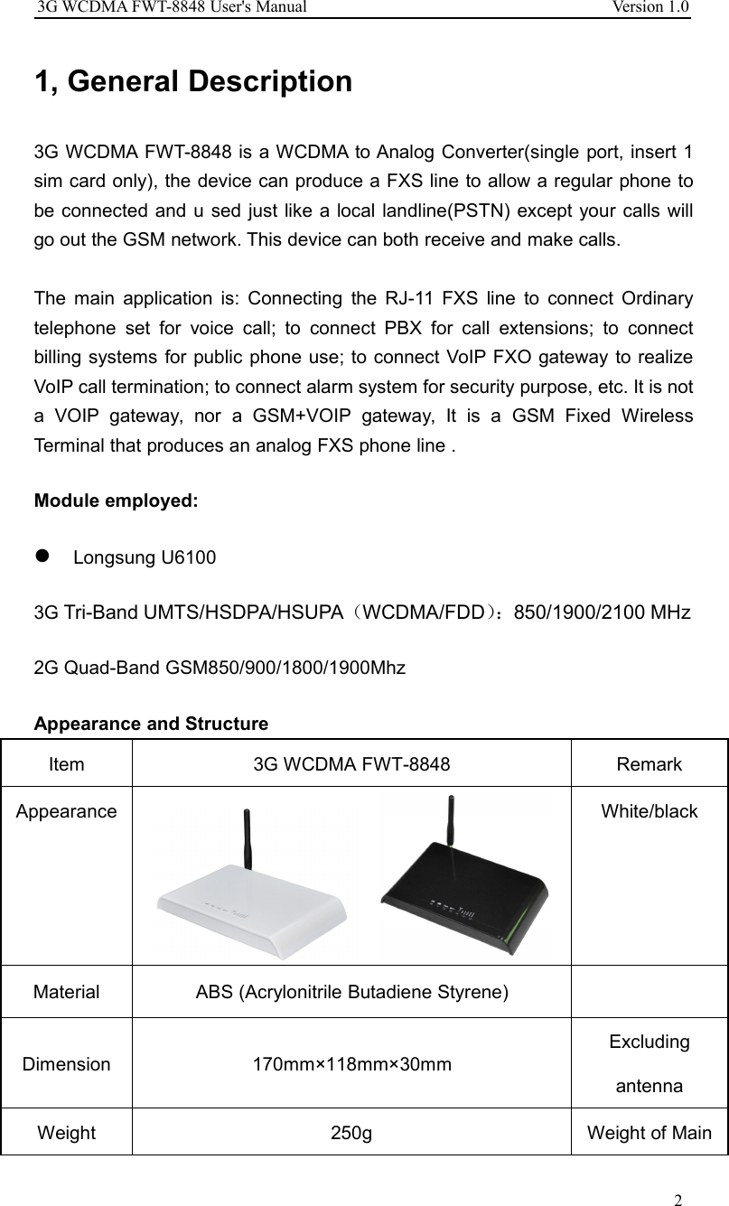 3G WCDMA FWT-8848 User&apos;s Manual Version 1.021, General Description3G WCDMA FWT-8848 is a WCDMA to Analog Converter(single port, insert 1sim card only), the device can produce a FXS line to allow a regular phone tobe connected and u sed just like a local landline(PSTN) except your calls willgo out the GSM network. This device can both receive and make calls.The main application is: Connecting the RJ-11 FXS line to connect Ordinarytelephone set for voice call; to connect PBX for call extensions; to connectbilling systems for public phone use; to connect VoIP FXO gateway to realizeVoIP call termination; to connect alarm system for security purpose, etc. It is nota VOIP gateway, nor a GSM+VOIP gateway, It is a GSM Fixed WirelessTerminal that produces an analog FXS phone line .Module employed:Longsung U61003G Tri-Band UMTS/HSDPA/HSUPA（WCDMA/FDD）：850/1900/2100 MHz2G Quad-Band GSM850/900/1800/1900MhzAppearance and StructureItem 3G WCDMA FWT-8848 RemarkAppearance White/blackMaterial ABS (Acrylonitrile Butadiene Styrene)Dimension 170mm×118mm×30mmExcludingantennaWeight 250g Weight of Main