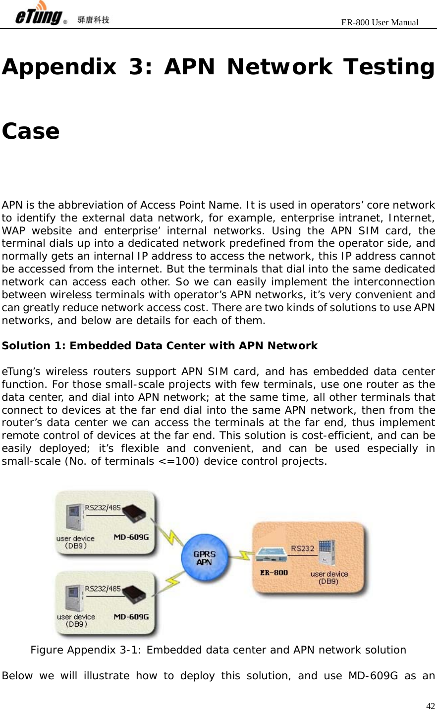                       ER-800 User Manual 42  Appendix 3: APN Network Testing Case APN is the abbreviation of Access Point Name. It is used in operators’ core network to identify the external data network, for example, enterprise intranet, Internet, WAP website and enterprise’ internal networks. Using the APN SIM card, the terminal dials up into a dedicated network predefined from the operator side, and normally gets an internal IP address to access the network, this IP address cannot be accessed from the internet. But the terminals that dial into the same dedicated network can access each other. So we can easily implement the interconnection between wireless terminals with operator’s APN networks, it’s very convenient and can greatly reduce network access cost. There are two kinds of solutions to use APN networks, and below are details for each of them.  Solution 1: Embedded Data Center with APN Network   eTung’s wireless routers support APN SIM card, and has embedded data center function. For those small-scale projects with few terminals, use one router as the data center, and dial into APN network; at the same time, all other terminals that connect to devices at the far end dial into the same APN network, then from the router’s data center we can access the terminals at the far end, thus implement remote control of devices at the far end. This solution is cost-efficient, and can be easily deployed; it’s flexible and convenient, and can be used especially in small-scale (No. of terminals &lt;=100) device control projects.   Figure Appendix 3-1: Embedded data center and APN network solution  Below we will illustrate how to deploy this solution, and use MD-609G as an 