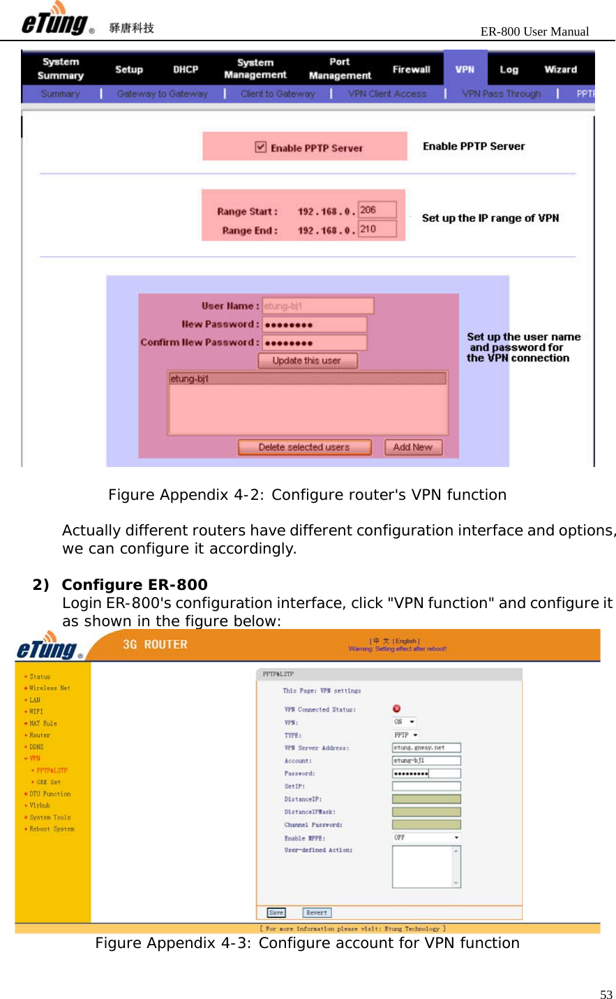                       ER-800 User Manual 53    Figure Appendix 4-2: Configure router&apos;s VPN function  Actually different routers have different configuration interface and options, we can configure it accordingly.  2) Configure ER-800 Login ER-800&apos;s configuration interface, click &quot;VPN function&quot; and configure it as shown in the figure below:  Figure Appendix 4-3: Configure account for VPN function 