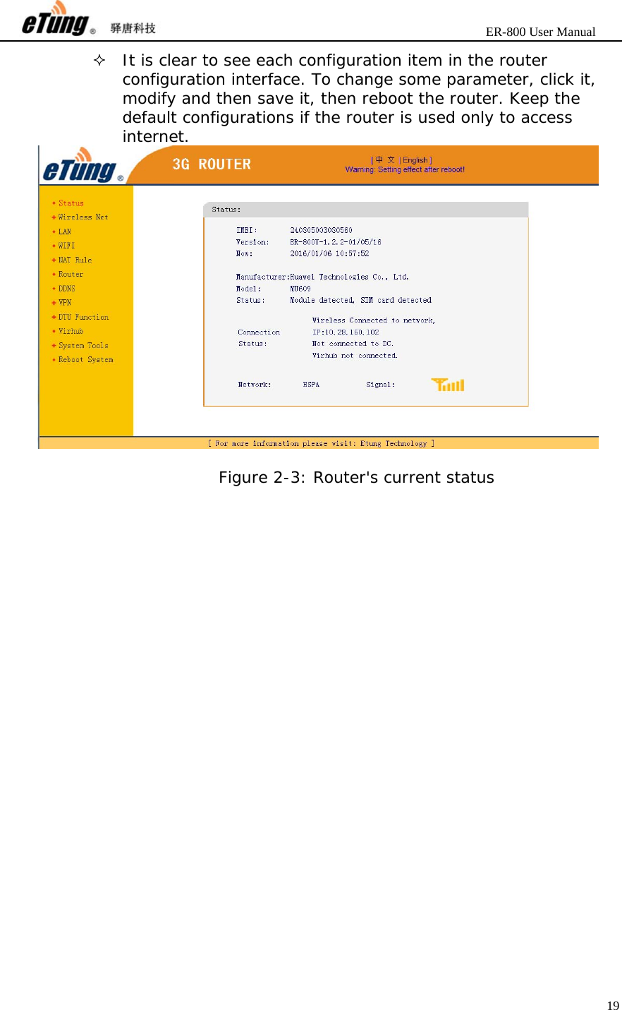                       ER-800 User Manual 19   It is clear to see each configuration item in the router configuration interface. To change some parameter, click it, modify and then save it, then reboot the router. Keep the default configurations if the router is used only to access internet.   Figure 2-3: Router&apos;s current status  