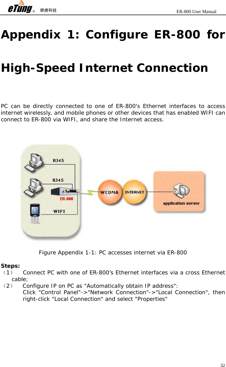                       ER-800 User Manual 32  Appendix 1: Configure ER-800 for High-Speed Internet Connection PC can be directly connected to one of ER-800&apos;s Ethernet interfaces to access internet wirelessly, and mobile phones or other devices that has enabled WIFI can connect to ER-800 via WIFI, and share the Internet access.      Figure Appendix 1-1: PC accesses internet via ER-800  Steps: （1）  Connect PC with one of ER-800’s Ethernet interfaces via a cross Ethernet cable; （2）  Configure IP on PC as &quot;Automatically obtain IP address&quot;: Click &quot;Control Panel&quot;-&gt;&quot;Network Connection&quot;-&gt;&quot;Local Connection&quot;, then right-click &quot;Local Connection&quot; and select &quot;Properties&quot; 