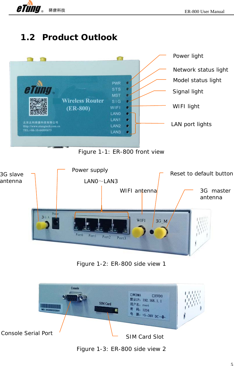                       ER-800 User Manual 5   1.2 Product Outlook  Figure 1-1: ER-800 front view         Figure 1-2: ER-800 side view 1      Figure 1-3: ER-800 side view 2 Console Serial Port  SIM Card Slot 3G slave antenna   LAN0～LAN3  WIFI antenna  Reset to default button 3G master antenna Power supply Power light Network status light Model status light Signal light WIFI light LAN port lights 