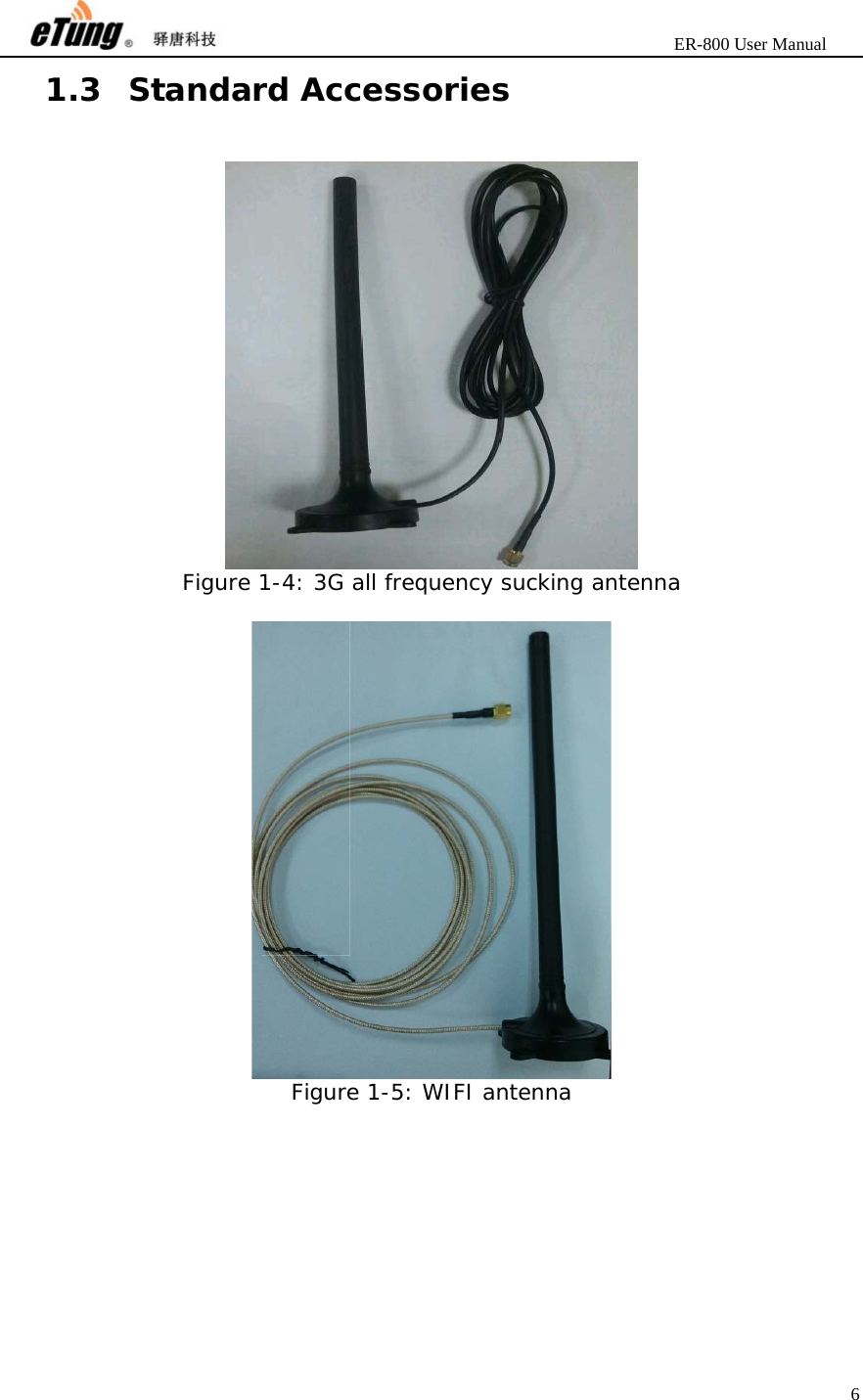                       ER-800 User Manual 6  1.3 Standard Accessories  Figure 1-4: 3G all frequency sucking antenna   Figure 1-5: WIFI antenna   