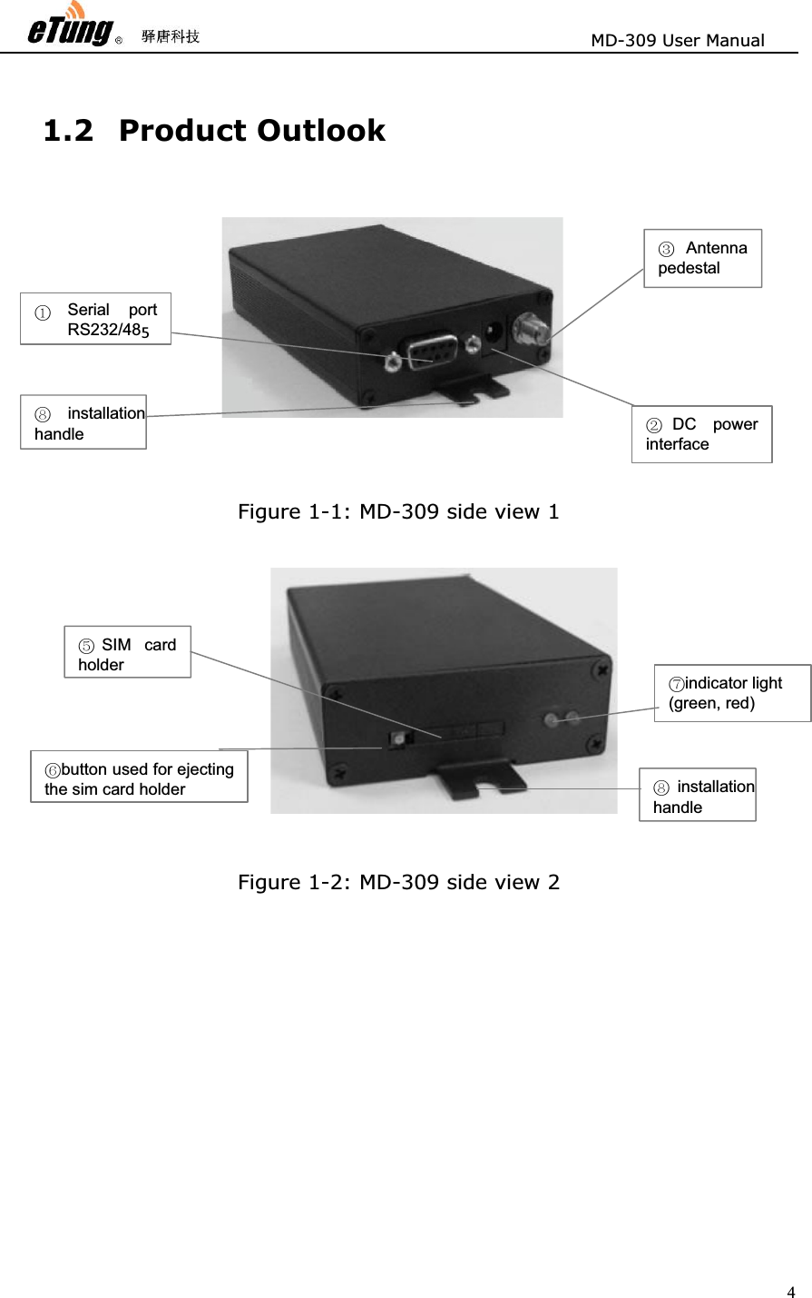                       MD-309 User Manual 41.2 Product Outlook Figure 1-1: MD-309 side view 1 Figure 1-2: MD-309 side view 2         ķSerial portRS232/485ĹAntenna pedestalĸDC power interfaceľinstallation handleĽindicator light()green, redĻSIM card holderļbutton used for ejectingthe sim card holder ľinstallation handle