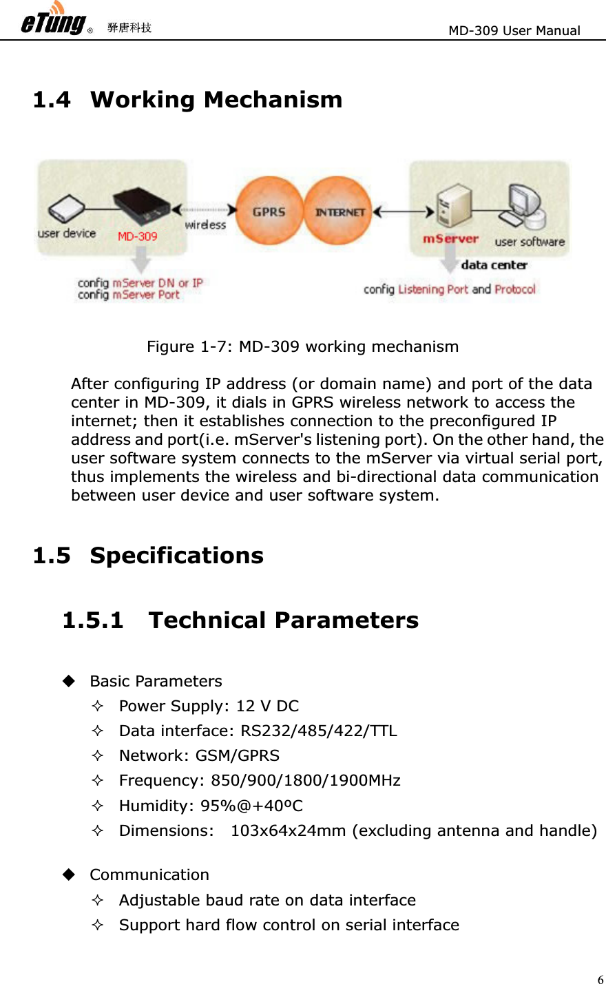                       MD-309 User Manual 61.4 Working Mechanism Figure 1-7: MD-309 working mechanism After configuring IP address (or domain name) and port of the data center in MD-309, it dials in GPRS wireless network to access the internet; then it establishes connection to the preconfigured IP address and port(i.e. mServer&apos;s listening port). On the other hand, the user software system connects to the mServer via virtual serial port, thus implements the wireless and bi-directional data communication between user device and user software system.   1.5 Specifications 1.5.1 Technical Parameters Basic Parameters   Power Supply: 12 V DC Data interface: RS232/485/422/TTL   Network: GSM/GPRS Frequency: 850/900/1800/1900MHz Humidity: 95%@+40ºC   Dimensions:    103x64x24mm (excluding antenna and handle)   Communication  Adjustable baud rate on data interface   Support hard flow control on serial interface   