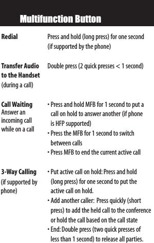 Multifunction Button  Redial Press and hold (long press) for one second (if supported by the phone)Transfer Audio Double press (2 quick presses &lt; 1 second)to the Handset(during a call)Call Waiting •Press and hold MFB for 1 second to put a call on hold to answer another (if phone is HFP supported)•Press the MFB for 1 second to switchbetween calls•Press MFB to end the current active call3-Way Calling •Put active call on hold:Press and hold (long press) for one second to put the active call on hold.•Add another caller: Press quickly (shortpress) to add the held call to the conferenceor hold the call based on the call state•End:Double press (two quick presses of less than 1 second) to release all parties.Answer anincoming callwhile on a call(if supported byphone) 