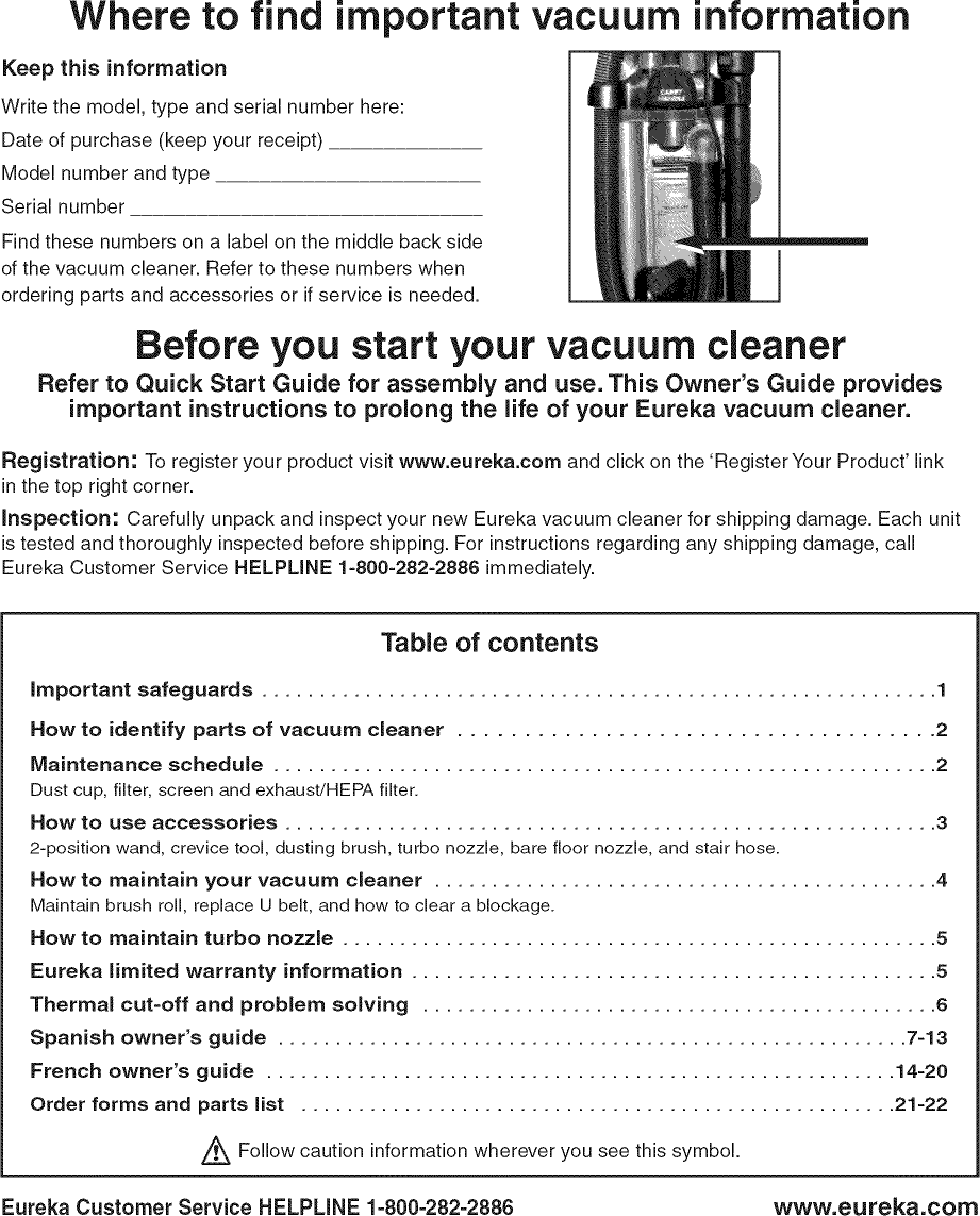 Page 2 of 8 - Eureka AS1001A 1510360L User Manual  VACUUM - Manuals And Guides