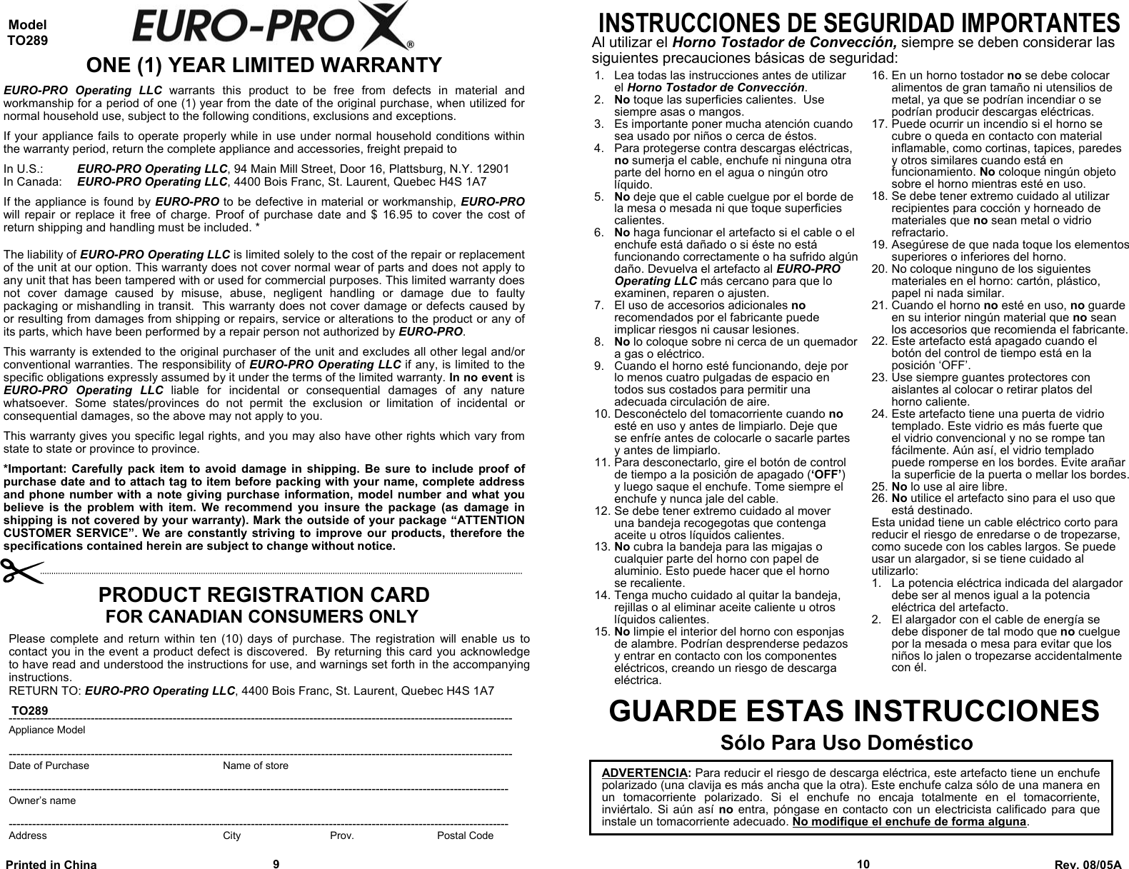 Page 10 of 10 - Euro-Pro Euro-Pro-Convection-Toaster-Oven-Users-Manual-  1 Euro-pro-convection-toaster-oven-users-manual