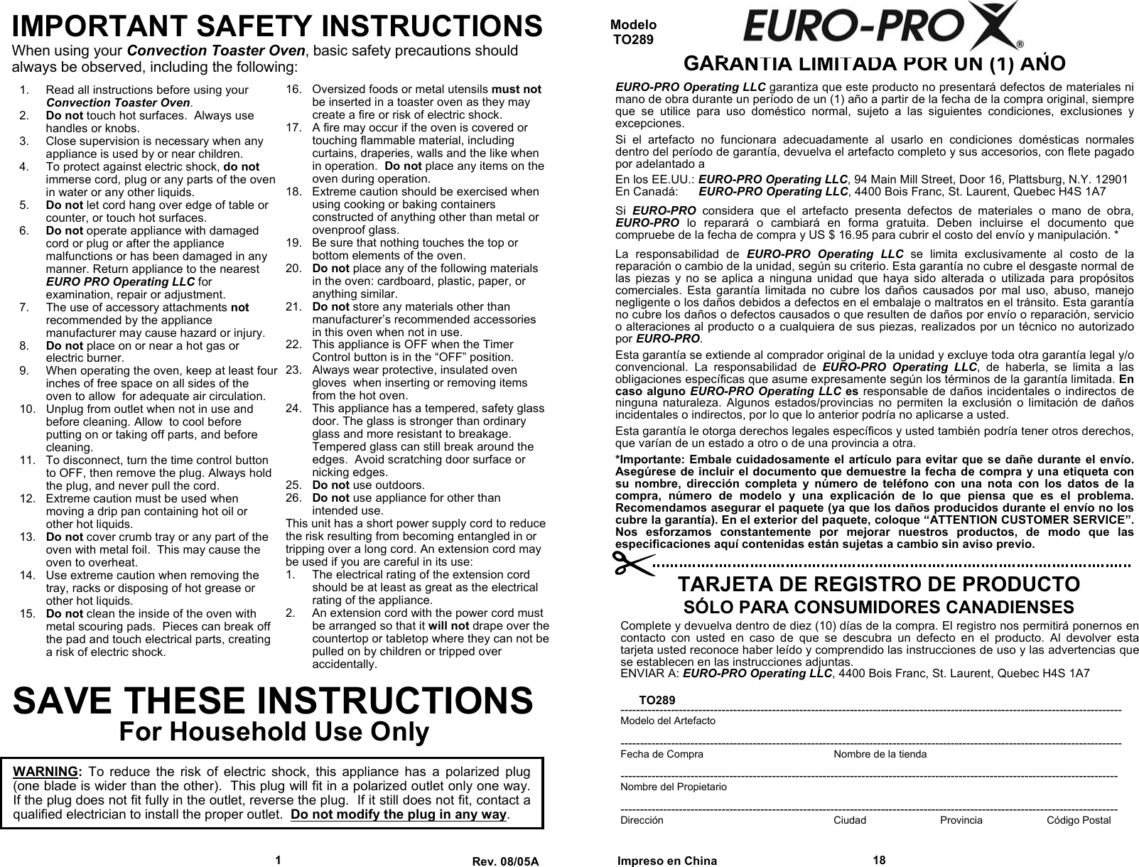 Page 2 of 10 - Euro-Pro Euro-Pro-Convection-Toaster-Oven-Users-Manual-  1 Euro-pro-convection-toaster-oven-users-manual