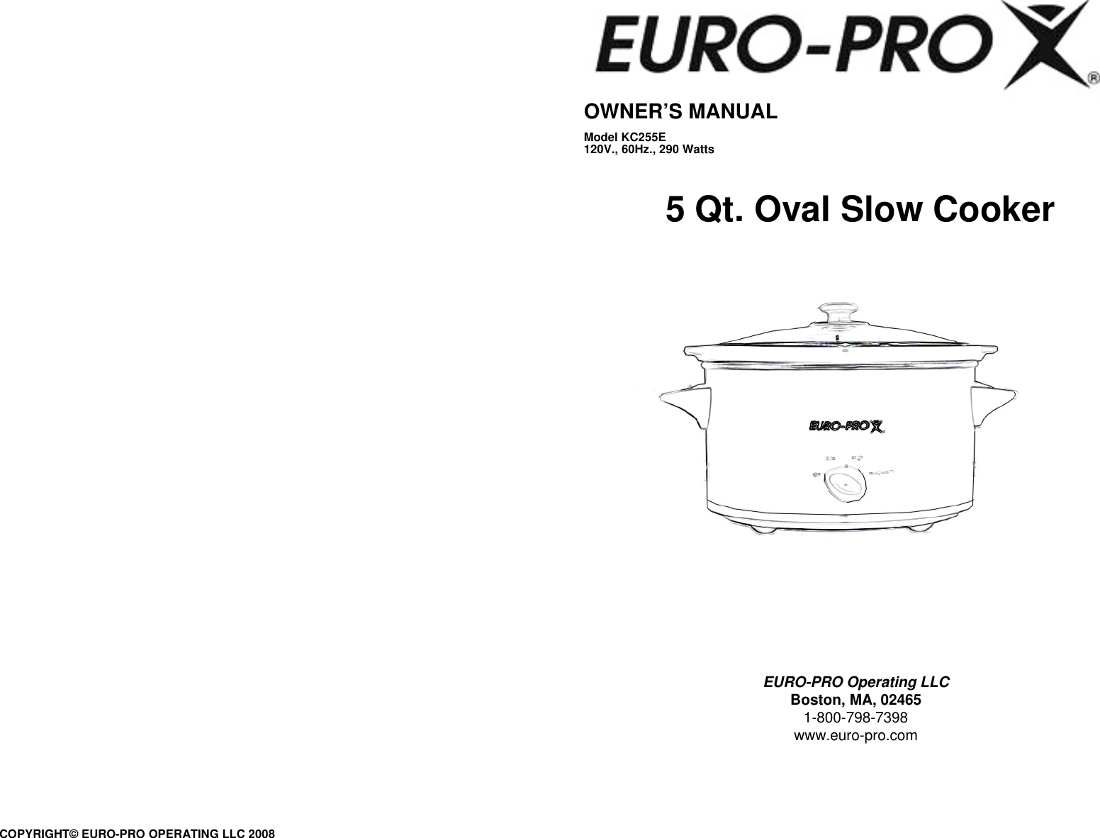Page 1 of 7 - Euro-Pro Euro-Pro-Slow-Cooker-Kc255E-Users-Manual-  1 Euro-pro-slow-cooker-kc255e-users-manual