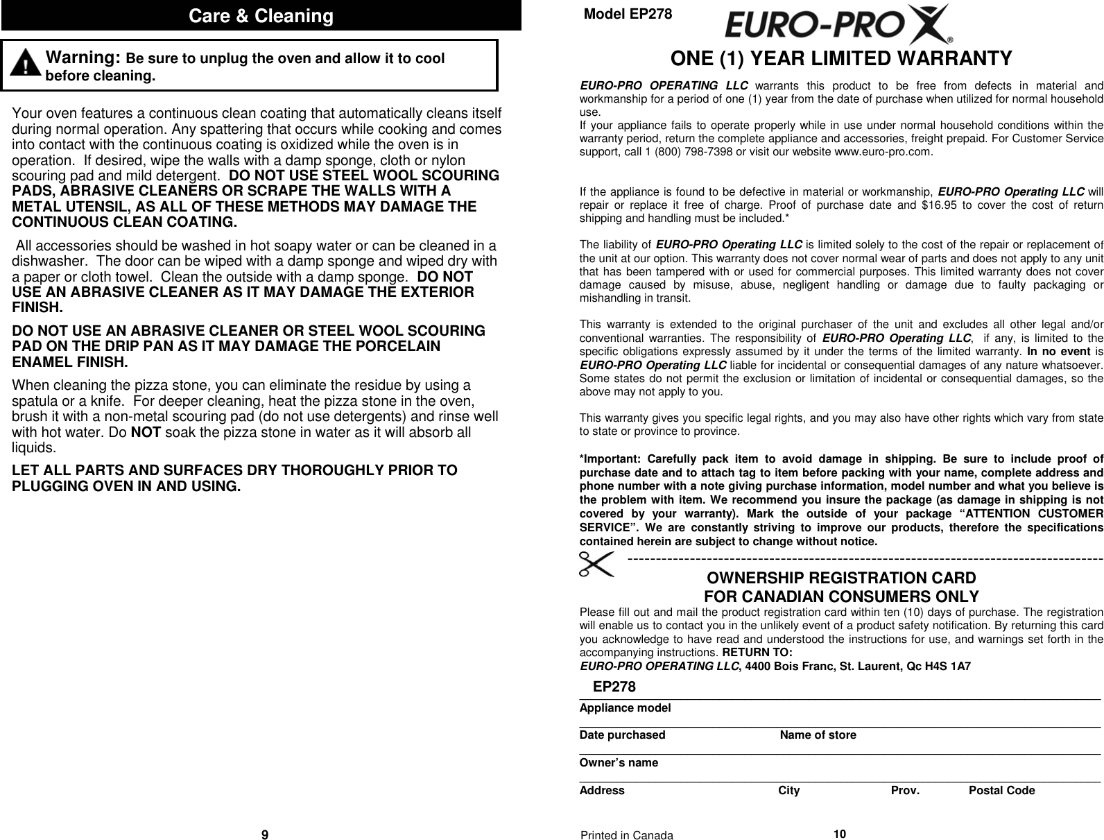 Page 6 of 11 - Euro-Pro Euro-Pro-Toaster-Ep278-Users-Manual-  1 Euro-pro-toaster-ep278-users-manual