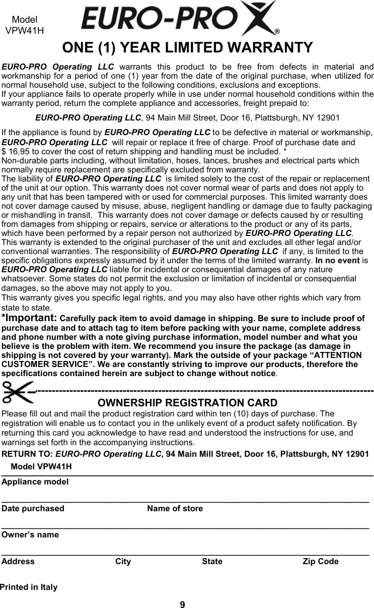 Page 2 of 6 - Euro-Pro Euro-Pro-Vpw41H-Users-Manual-  1 Euro-pro-vpw41h-users-manual