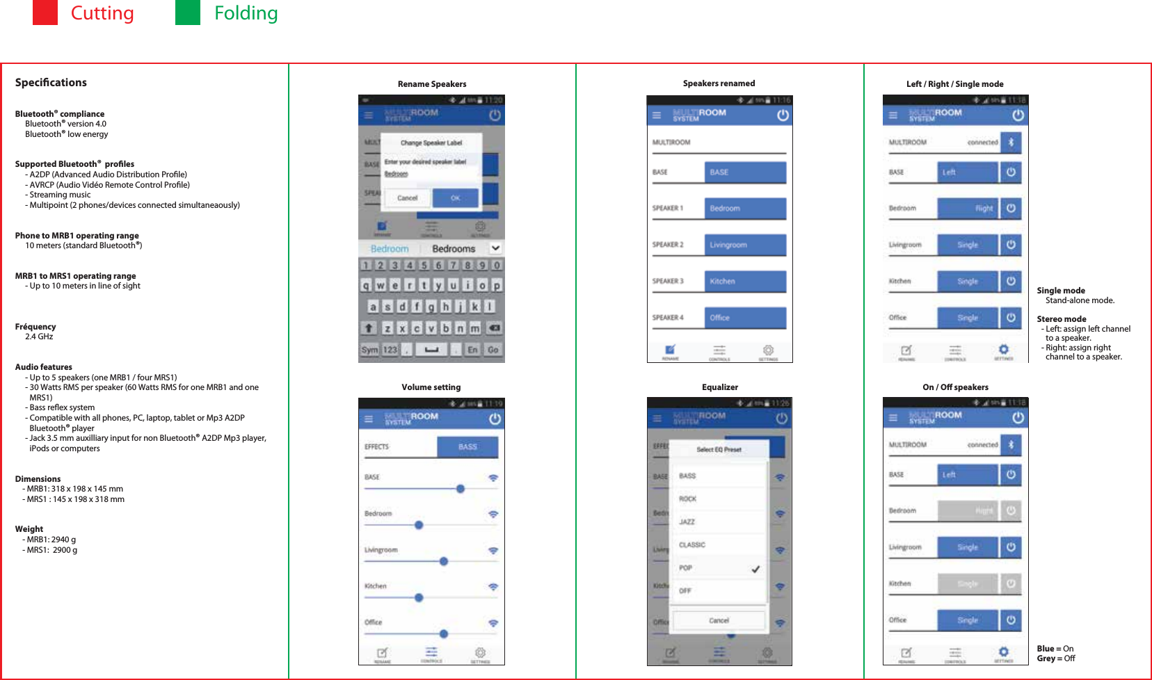 FoldingCuttingSpecicationsBluetooth&reg; complianceBluetooth&reg; version 4.0Bluetooth&reg; low energySupported Bluetooth&reg;  proles- A2DP (Advanced Audio Distribution Prole)- AVRCP (Audio Vid&eacute;o Remote Control Prole)- Streaming music- Multipoint (2 phones/devices connected simultaneaously)Phone to MRB1 operating range10 meters (standard Bluetooth&reg;)MRB1 to MRS1 operating range- Up to 10 meters in line of sightFr&eacute;quency2.4 GHzAudio features- Up to 5 speakers (one MRB1 / four MRS1)- 30 Watts RMS per speaker (60 Watts RMS for one MRB1 and one MRS1)- Bass reex system- Compatible with all phones, PC, laptop, tablet or Mp3 A2DP Bluetooth&reg; player- Jack 3.5 mm auxilliary input for non Bluetooth&reg; A2DP Mp3 player, iPods or computersDimensions- MRB1: 318 x 198 x 145 mm- MRS1 : 145 x 198 x 318 mm Weight- MRB1: 2940 g- MRS1:  2900 gRename SpeakersVolume settingSpeakers renamedEqualizer On / O speakersLeft / Right / Single modeSingle modeStand-alone mode.Stereo mode- Left: assign left channel to a speaker.- Right: assign right channel to a speaker.Blue = OnGrey = O