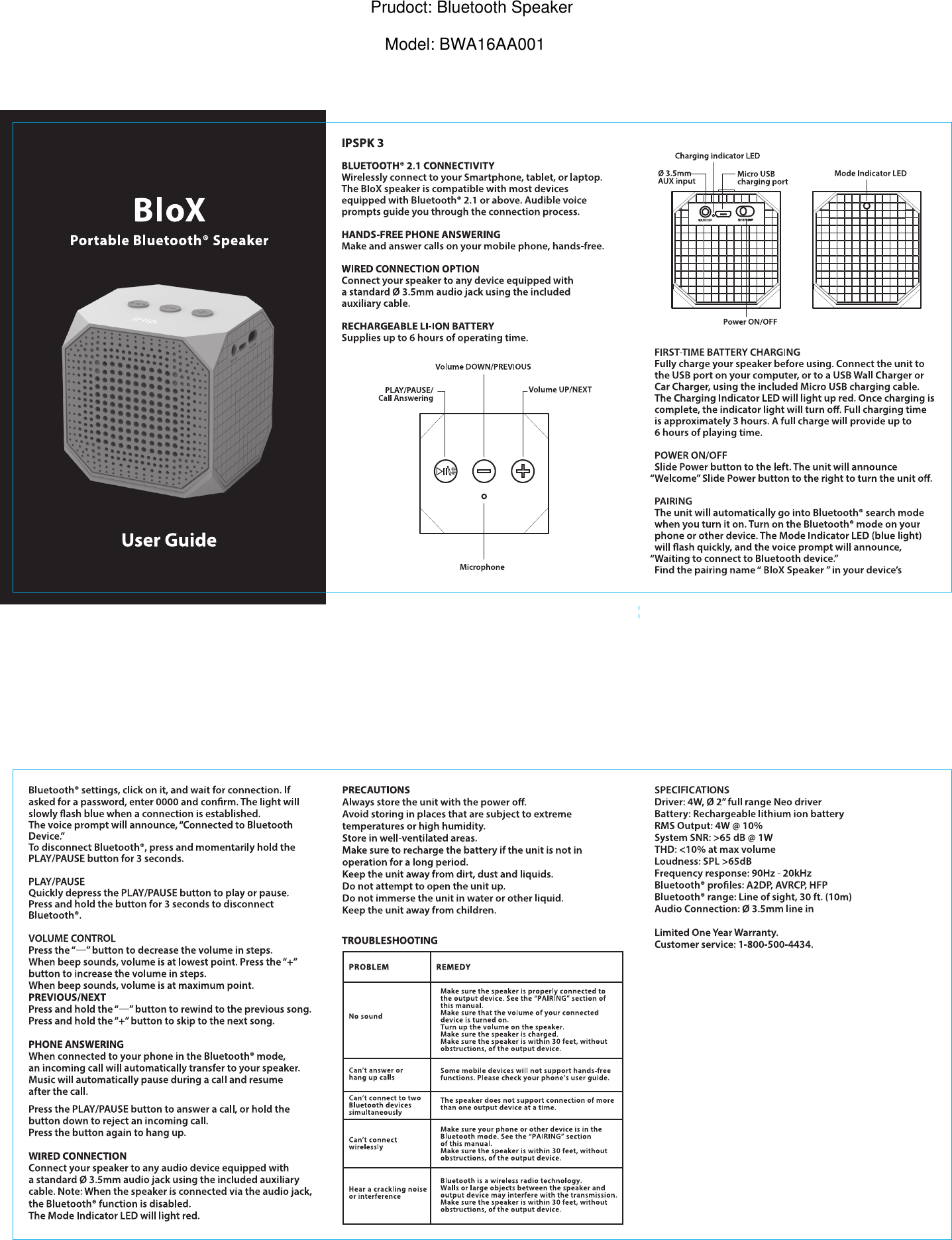 Prudoct: Bluetooth SpeakerModel: BWA16AA001