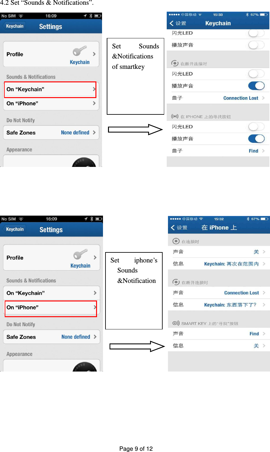 Page 9 of 12   4.2 Set “Sounds &amp; Notifications”.                                                                                                                        Set  Sounds &amp;Notifications of smartkey Set  iphone’s Sounds &amp;Notification 