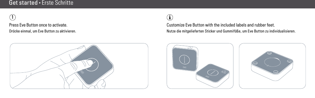 Get started • Erste Schritte1Customize Eve Button with the included labels and rubber feet.Nutze die mitgelieferten Sticker und Gummifüße, um Eve Button zu individualisieren. Press Eve Button once to activate.Drücke einmal, um Eve Button zu aktivieren.(2) (3)