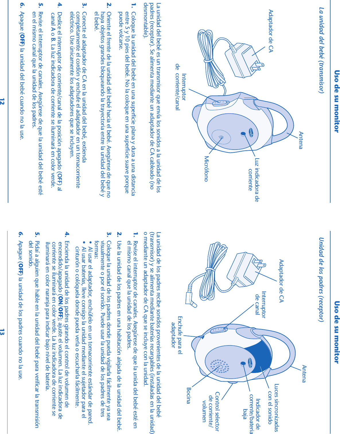 La unidad del bebé es un transmisor que envía los sonidos a la unidad de lospadres (receptor). Se alimenta mediante un adaptador de CA cableado (nodesmontable).1. Coloque la unidad del bebé en una superficie plana y dura a una distanciaentre 5 y 10 pies del bebé. No la coloque en una superficie suave porquepuede volcarse.2. Oriente el frente de la unidad del bebé hacia el bebé. Asegúrese de que nohaya objetos grandes bloqueando la trayectoria entre la unidad del bebé yel bebé.3. Conecte el adaptador de CA en la unidad del bebé, extiendacompletamente el cordón y enchufe el adaptador en un tomacorrienteeléctrico. Use únicamente los adaptadores que se incluyen.4.  Deslice el interruptor de corriente/canal de la posición apagado (OFF) al   canal A o B. La luz indicadora de corriente se iluminará en color verde.5. Revise el interruptor de canales. Asegúrese de que la unidad del bebé estéen el mismo canal que la unidad de los padres.6. Apague (OFF) la unidad del bebé cuando no la use.Uso de su monitorLa unidad de los padres recibe sonidos provenientes de la unidad del bebé(transmisor) y se alimenta mediante baterías recargables (instaladas en la unidad)o mediante un adaptador de CA que se incluye con la unidad.1. Revise el interruptor de canales. Asegúrese de que la unida del bebé esté enel mismo canal que la unidad de los padres.2. Use la unidad de los padres en una habitación alejada de la unidad del bebé.3.  Coloque la unidad de los padres donde pueda vigilarla fácilmente ya seavisualmente o por el sonido. Puede usar la unidad de los padres de tresformas:  •  Al usar el adaptador, enchúfelo en un tomacorriente estándar de pared.  •  Al usar baterías, lleve consigo la unidad mediante el sujetador para el      cinturón o colóquela donde pueda verla o escucharla fácilmente.4.  Encienda la unidad de los padres girando el control de volumen de   encendido/apagado (ON/OFF); ajuste el volumen. La luz indicadora de   corriente se iluminará en color verde. La luz indicadora de corriente se   iluminará en color naranja para indicar bajo nivel de batería.5. Pidaí a alguien que hable en la unidad del bebé para verificar la transmisióndel sonido.6. Apague (OFF) la unidad de los padres cuando no la use.12 13Uso de su monitorLa unidad del bebé (transmisor)AntenaAdaptador de CAMicrófonoInterruptorde  corriente/canalLuz indicadora decorrienteAntenaAdaptador de CAEnchufe para eladaptadorLuces sincronizadascon el sonidoBocinaUnidad de los padres (receptor)Interruptorde canal Indicador decorrente/bateriabajaControl selectorde corriente/volumen