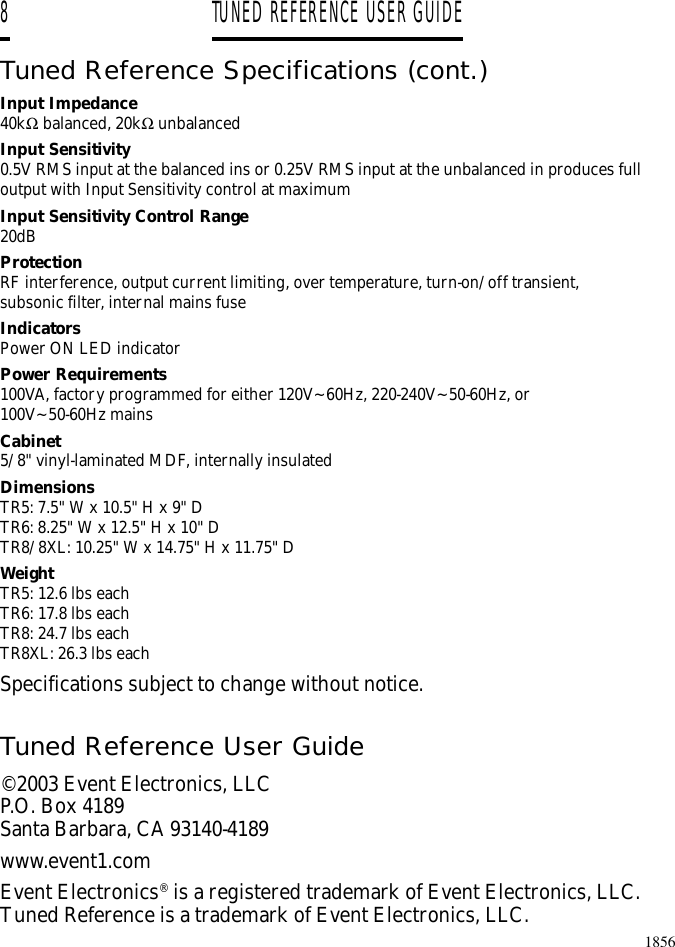 Page 8 of 8 - Event-Electronic Event-Electronic-Biamplified-Direct-Field-Monitor-System-Users-Manual- Tuned Reference Manual For Web  Event-electronic-biamplified-direct-field-monitor-system-users-manual