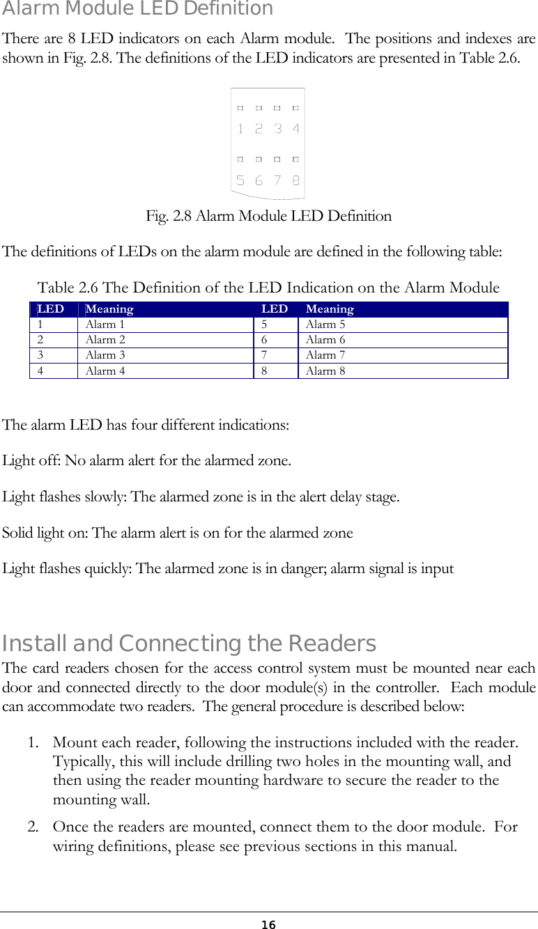  16Alarm Module LED Definition There are 8 LED indicators on each Alarm module.  The positions and indexes are shown in Fig. 2.8. The definitions of the LED indicators are presented in Table 2.6.  Fig. 2.8 Alarm Module LED Definition The definitions of LEDs on the alarm module are defined in the following table: Table 2.6 The Definition of the LED Indication on the Alarm Module LED  Meaning  LED Meaning 1  Alarm 1  5  Alarm 5 2  Alarm 2  6  Alarm 6 3  Alarm 3  7  Alarm 7 4  Alarm 4  8  Alarm 8  The alarm LED has four different indications: Light off: No alarm alert for the alarmed zone. Light flashes slowly: The alarmed zone is in the alert delay stage. Solid light on: The alarm alert is on for the alarmed zone Light flashes quickly: The alarmed zone is in danger; alarm signal is input   Install and Connecting the Readers  The card readers chosen for the access control system must be mounted near each door and connected directly to the door module(s) in the controller.  Each module can accommodate two readers.  The general procedure is described below:  1.  Mount each reader, following the instructions included with the reader.  Typically, this will include drilling two holes in the mounting wall, and then using the reader mounting hardware to secure the reader to the mounting wall. 2.  Once the readers are mounted, connect them to the door module.  For wiring definitions, please see previous sections in this manual. 