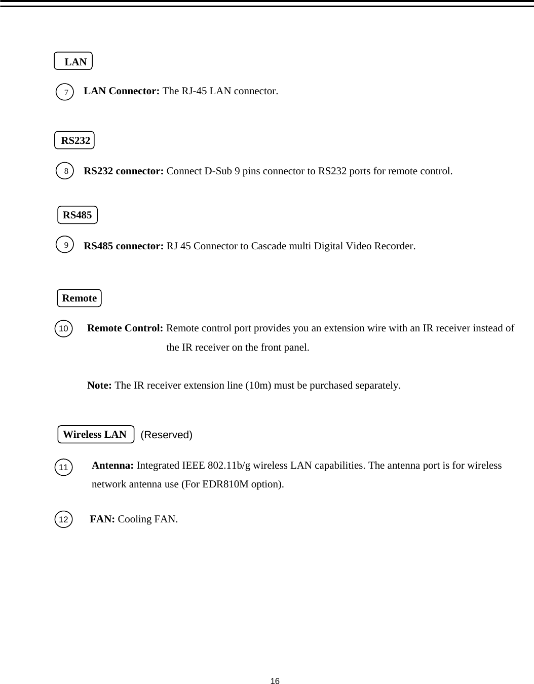 FAN: Cooling FAN.1112Remote Control: Remote control port provides you an extension wire with an IR receiver instead of the IR receiver on the front panel.Note: The IR receiver extension line (10m) must be purchased separately.Antenna: Integrated IEEE 802.11b/g wireless LAN capabilities. The antenna port is for wireless network antenna use (For EDR810M option).RemoteWireless LAN10(Reserved)16LAN Connector: The RJ-45 LAN connector.LAN7RS232RS232 connector: Connect D-Sub 9 pins connector to RS232 ports for remote control.8RS485RS485 connector: RJ 45 Connector to Cascade multi Digital Video Recorder.9