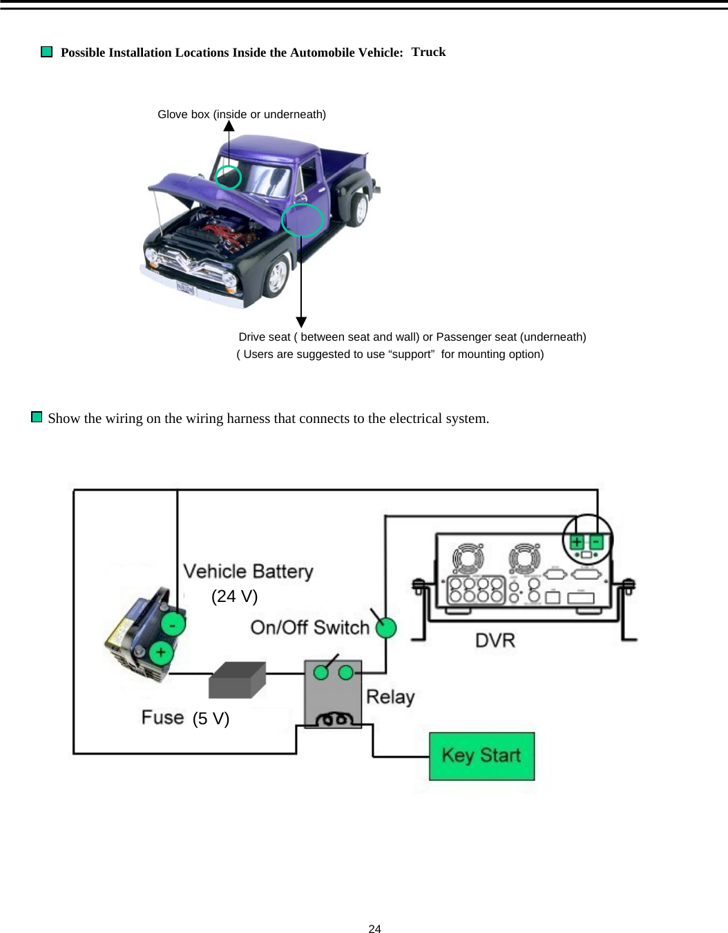 TruckDrive seat ( between seat and wall) or Passenger seat (underneath)( Users are suggested to use &ldquo;support&rdquo; for mounting option)Glove box (inside or underneath)Show the wiring on the wiring harness that connects to the electrical system.Possible Installation Locations Inside the Automobile Vehicle:  24(24 V)(5 V)