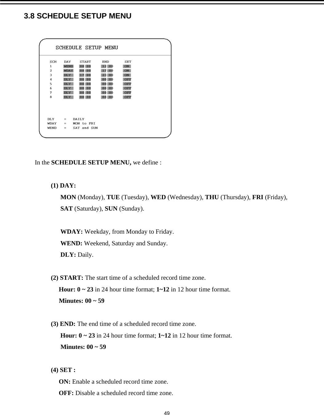 3.8 SCHEDULE SETUP MENUIn the SCHEDULE SETUP MENU, we define :(1) DAY: MON (Monday), TUE (Tuesday), WED (Wednesday), THU (Thursday), FRI (Friday),SAT (Saturday), SUN (Sunday).WDAY: Weekday, from Monday to Friday.WEND: Weekend, Saturday and Sunday.DLY: Daily.(2) START: The start time of a scheduled record time zone.Hour: 0 ~ 23 in 24 hour time format; 1~12 in 12 hour time format.Minutes: 00 ~ 59(3) END: The end time of a scheduled record time zone.Hour: 0 ~ 23 in 24 hour time format; 1~12 in 12 hour time format.Minutes: 00 ~ 59(4) SET : ON: Enable a scheduled record time zone.OFF: Disable a scheduled record time zone.49