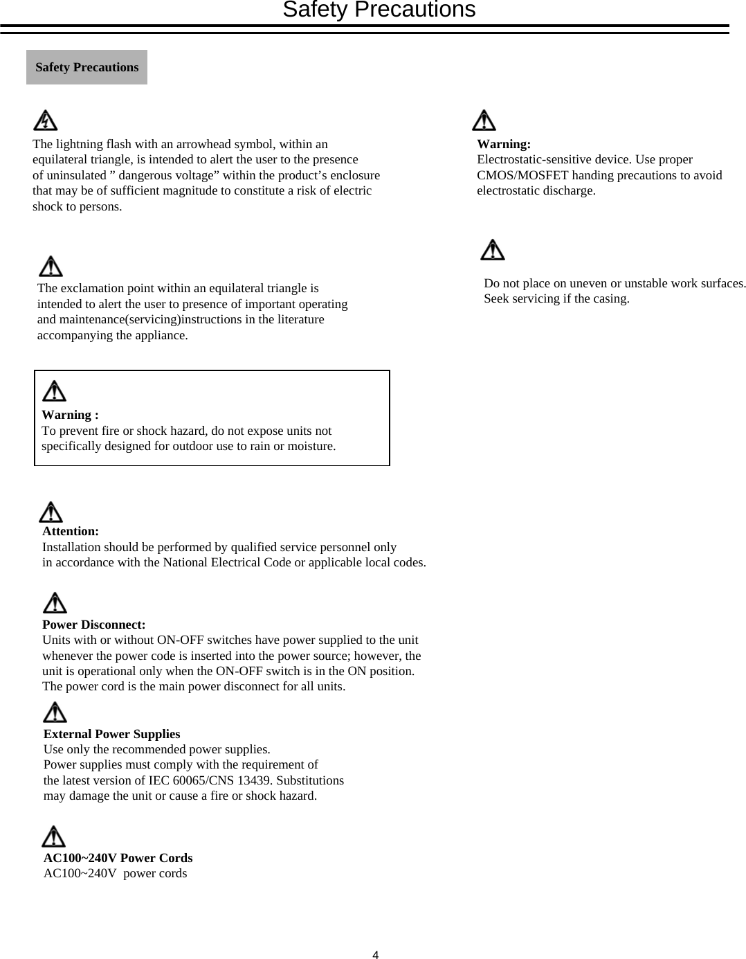 The exclamation point within an equilateral triangle is intended to alert the user to presence of important operating and maintenance(servicing)instructions in the literature accompanying the appliance.Warning :To prevent fire or shock hazard, do not expose units not specifically designed for outdoor use to rain or moisture.Safety PrecautionsThe lightning flash with an arrowhead symbol, within an equilateral triangle, is intended to alert the user to the presence of uninsulated &rdquo; dangerous voltage&rdquo; within the product&rsquo;s enclosure that may be of sufficient magnitude to constitute a risk of electric shock to persons.Attention:Installation should be performed by qualified service personnel only in accordance with the National Electrical Code or applicable local codes.Power Disconnect:Units with or without ON-OFF switches have power supplied to the unit whenever the power code is inserted into the power source; however, the unit is operational only when the ON-OFF switch is in the ON position. The power cord is the main power disconnect for all units.External Power SuppliesUse only the recommended power supplies. Power supplies must comply with the requirement of the latest version of IEC 60065/CNS 13439. Substitutions may damage the unit or cause a fire or shock hazard.AC100~240V Power CordsAC100~240V  power cordsWarning:Electrostatic-sensitive device. Use proper CMOS/MOSFET handing precautions to avoid electrostatic discharge.Safety PrecautionsDo not place on uneven or unstable work surfaces.Seek servicing if the casing.4