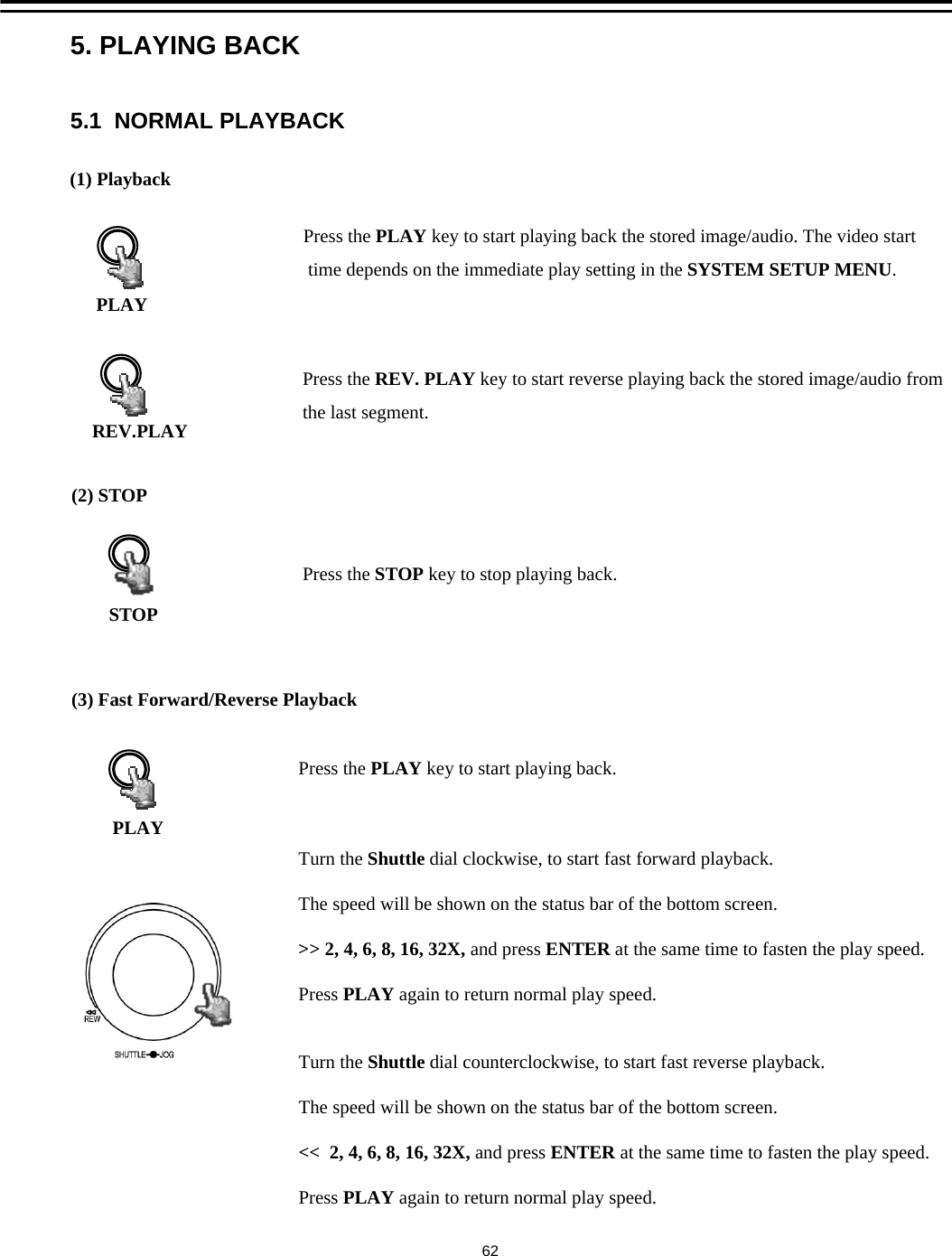 Press the PLAY key to start playing back the stored image/audio. The video starttime depends on the immediate play setting in the SYSTEM SETUP MENU.(1) PlaybackPress the REV. PLAY key to start reverse playing back the stored image/audio from the last segment.  Press the STOP key to stop playing back.(3) Fast Forward/Reverse PlaybackPress the PLAY key to start playing back.Turn the Shuttle dial clockwise, to start fast forward playback. The speed will be shown on the status bar of the bottom screen.>> 2, 4, 6, 8, 16, 32X, and press ENTER at the same time to fasten the play speed.Press PLAY again to return normal play speed.Turn the Shuttle dial counterclockwise, to start fast reverse playback.The speed will be shown on the status bar of the bottom screen.<<  2, 4, 6, 8, 16, 32X, and press ENTER at the same time to fasten the play speed.Press PLAY again to return normal play speed.REV.PLAYPLAYPLAYSTOP(2) STOP5. PLAYING BACK5.1  NORMAL PLAYBACK62