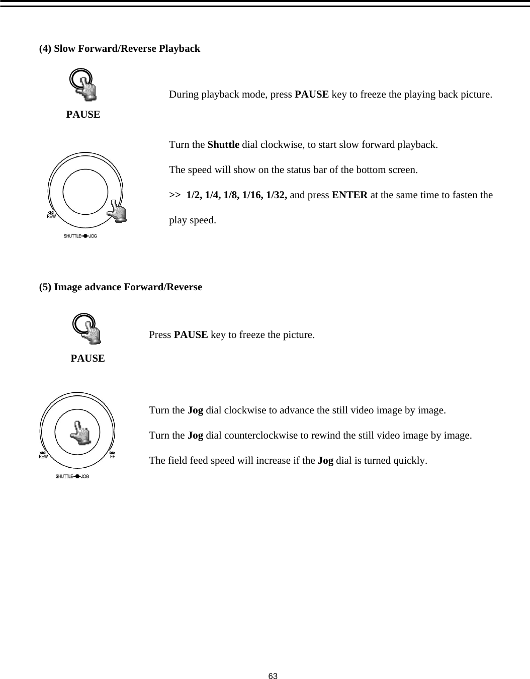 (4) Slow Forward/Reverse PlaybackDuring playback mode, press PAUSE key to freeze the playing back picture.Turn the Shuttle dial clockwise, to start slow forward playback. The speed will show on the status bar of the bottom screen.>>  1/2, 1/4, 1/8, 1/16, 1/32, and press ENTER at the same time to fasten the play speed.PAUSE(5) Image advance Forward/ReversePAUSEPress PAUSE key to freeze the picture.Turn the Jog dial clockwise to advance the still video image by image.Turn the Jog dial counterclockwise to rewind the still video image by image.The field feed speed will increase if the Jog dial is turned quickly.63