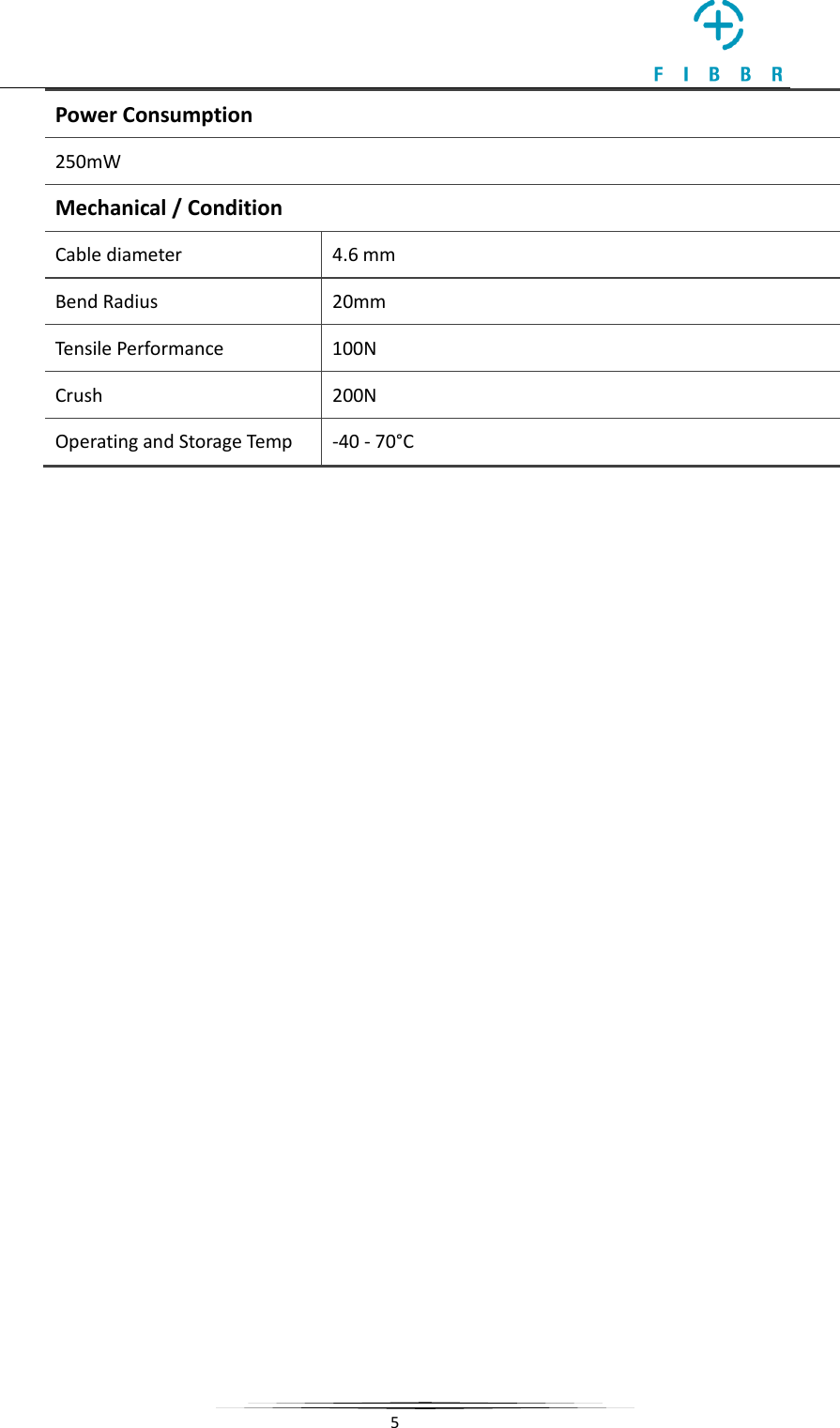     5  Power Consumption 250mW Mechanical / Condition Cable diameter 4.6 mm   Bend Radius 20mm Tensile Performance 100N Crush 200N Operating and Storage Temp  -40 - 70°C    