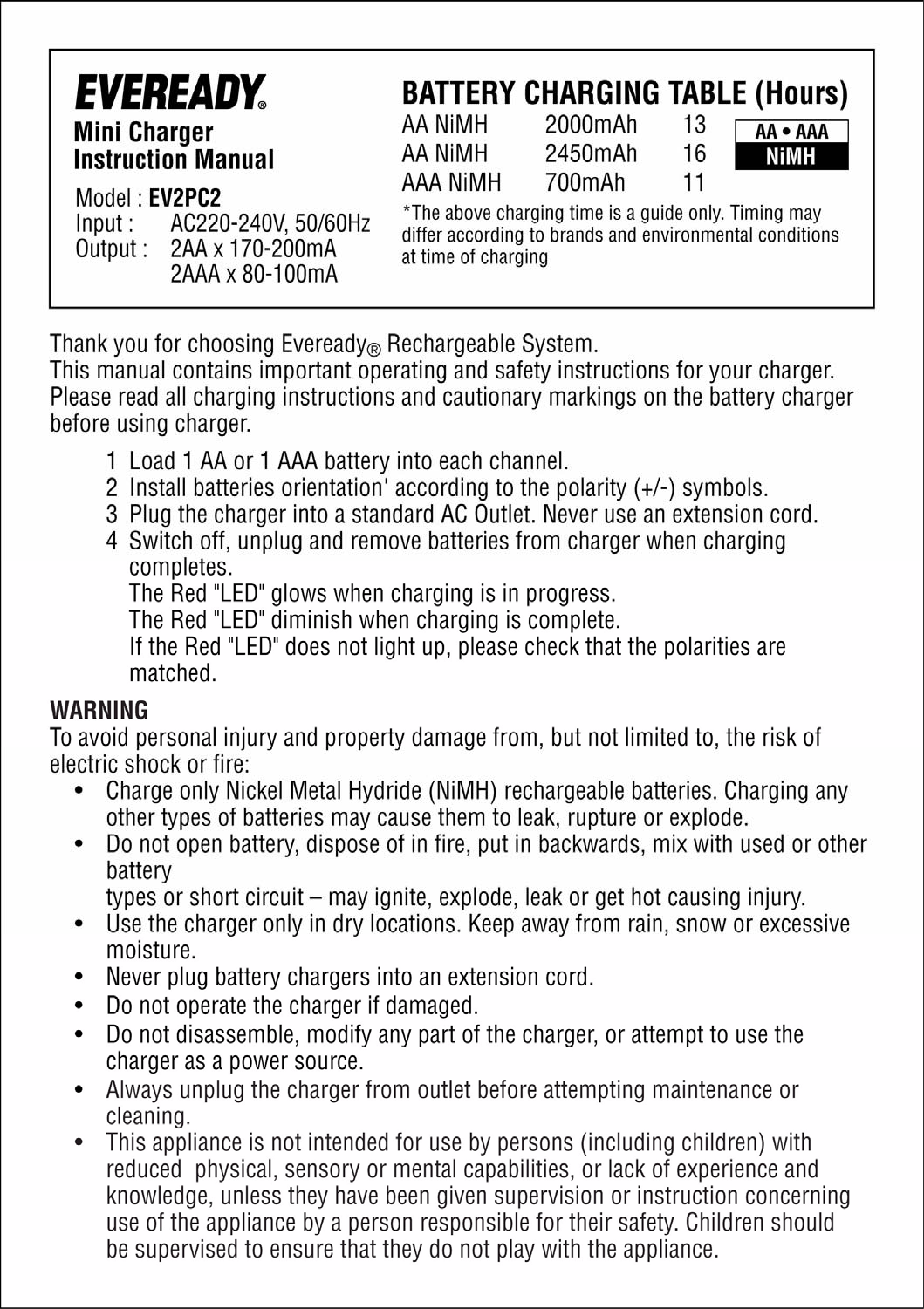 Page 1 of 1 - Eveready Eveready-Eveready-Battery-Charger-Ev2Pc2-Users-Manual-  Eveready-eveready-battery-charger-ev2pc2-users-manual