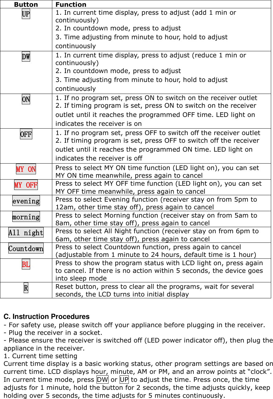 Button Function UP 1. In current time display, press to adjust (add 1 min or continuously) 2. In countdown mode, press to adjust 3. Time adjusting from minute to hour, hold to adjust continuously DW 1. In current time display, press to adjust (reduce 1 min or continuously) 2. In countdown mode, press to adjust 3. Time adjusting from minute to hour, hold to adjust continuously ON 1. If no program set, press ON to switch on the receiver outlet 2. If timing program is set, press ON to switch on the receiver outlet until it reaches the programmed OFF time. LED light on indicates the receiver is on OFF 1. If no program set, press OFF to switch off the receiver outlet 2. If timing program is set, press OFF to switch off the receiver outlet until it reaches the programmed ON time. LED light on indicates the receiver is off MY ON Press to select MY ON time function (LED light on), you can set MY ON time meanwhile, press again to cancel MY OFF Press to select MY OFF time function (LED light on), you can set MY OFF time meanwhile, press again to cancel evening Press to select Evening function (receiver stay on from 5pm to 12am, other time stay off), press again to cancel morning Press to select Morning function (receiver stay on from 5am to 8am, other time stay off), press again to cancel All night Press to select All Night function (receiver stay on from 6pm to 6am, other time stay off), press again to cancel Countdown Press to select Countdown function, press again to cancel (adjustable from 1 minute to 24 hours, default time is 1 hour) BL Press to show the program status with LCD light on, press again to cancel. If there is no action within 5 seconds, the device goes into sleep mode R Reset button, press to clear all the programs, wait for several seconds, the LCD turns into initial display  C. Instruction Procedures  - For safety use, please switch off your appliance before plugging in the receiver. - Plug the receiver in a socket. - Please ensure the receiver is switched off (LED power indicator off), then plug the appliance in the receiver. 1. Current time setting Current time display is a basic working status, other program settings are based on current time. LCD displays hour, minute, AM or PM, and an arrow points at “clock”. In current time mode, press DW or UP to adjust the time. Press once, the time adjusts for 1 minute, hold the button for 2 seconds, the time adjusts quickly, keep holding over 5 seconds, the time adjusts for 5 minutes continuously.  