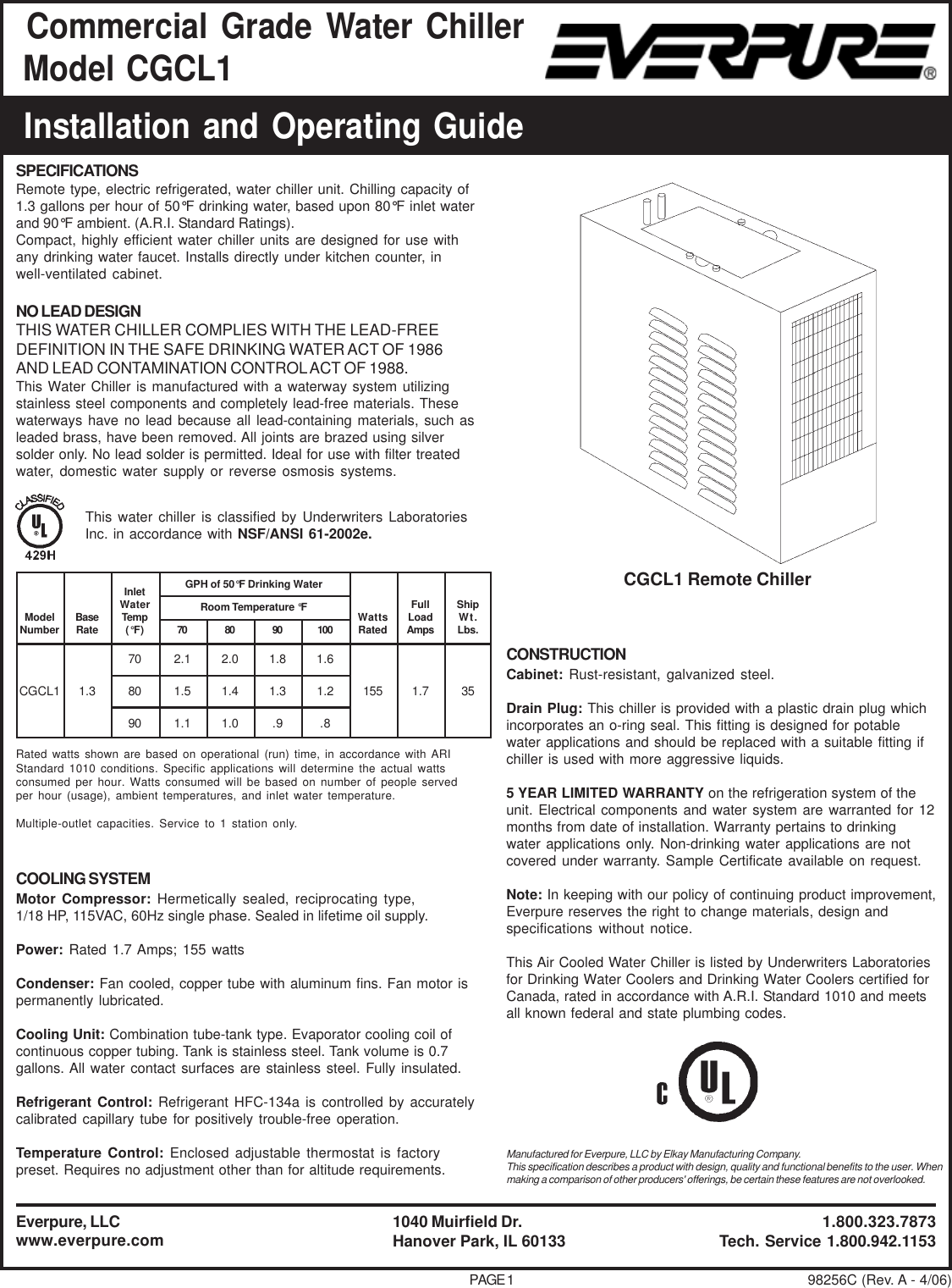 Page 1 of 4 - Everpure Everpure-Commercial-Grade-Water-Chiller-Cgcl1-Users-Manual- EC_98256C  Everpure-commercial-grade-water-chiller-cgcl1-users-manual