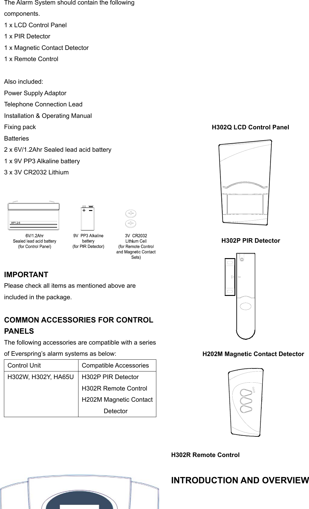 The Alarm System should contain the following components. 1 x LCD Control Panel 1 x PIR Detector 1 x Magnetic Contact Detector 1 x Remote Control  Also included: Power Supply Adaptor Telephone Connection Lead Installation &amp; Operating Manual Fixing pack Batteries 2 x 6V/1.2Ahr Sealed lead acid battery 1 x 9V PP3 Alkaline battery 3 x 3V CR2032 Lithium  IMPORTANT Please check all items as mentioned above are included in the package.  COMMON ACCESSORIES FOR CONTROL PANELS The following accessories are compatible with a series of Everspring’s alarm systems as below: Control Unit  Compatible Accessories H302W, H302Y, HA65U  H302P PIR Detector H302R Remote Control H202M Magnetic Contact       Detector                               H302Q LCD Control Panel                             H302P PIR Detector                     H202M Magnetic Contact Detector               H302R Remote Control                 INTRODUCTION AND OVERVIEW 