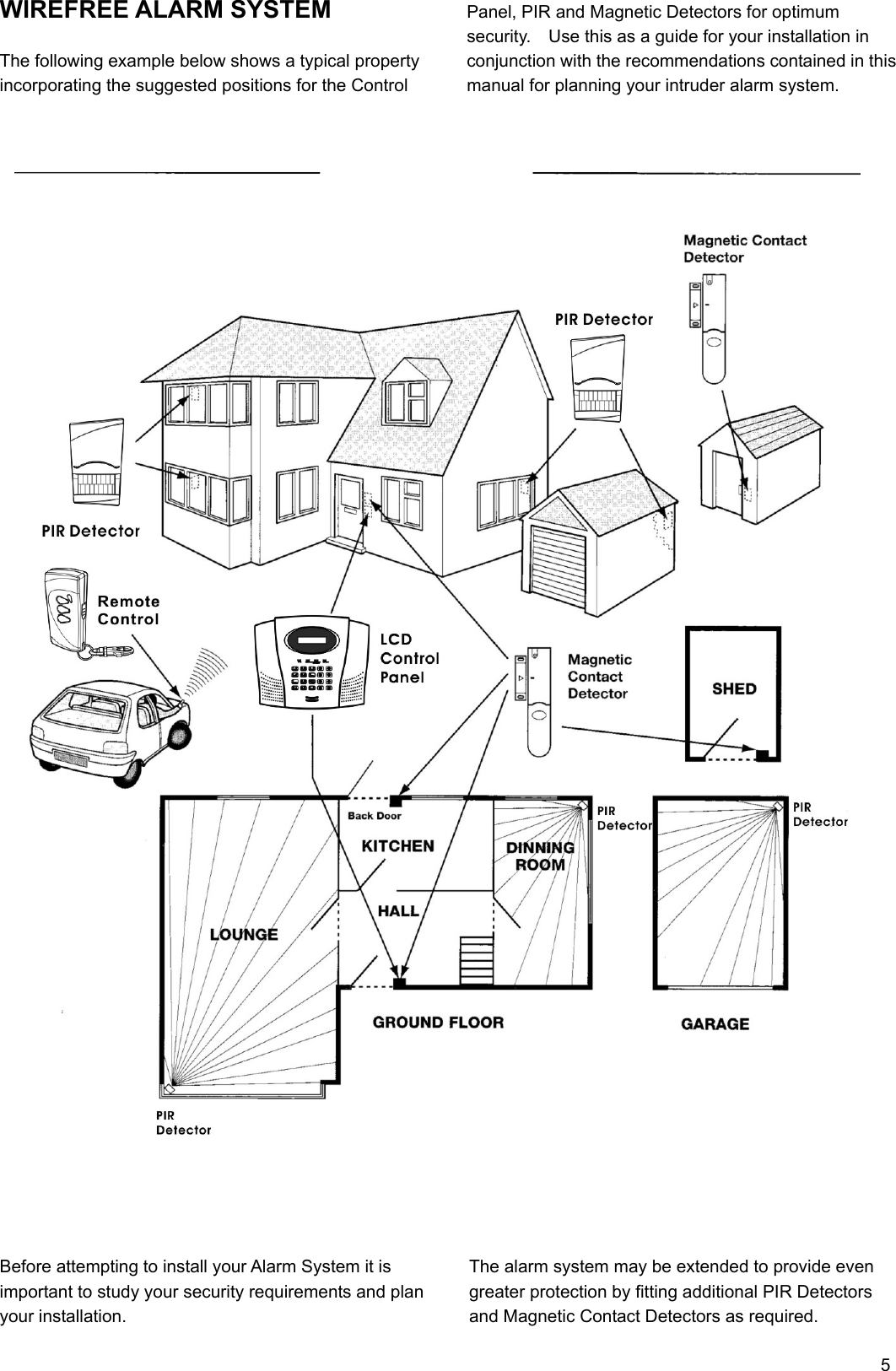 WIREFREE ALARM SYSTEM  The following example below shows a typical property incorporating the suggested positions for the Control     Panel, PIR and Magnetic Detectors for optimum security.    Use this as a guide for your installation in conjunction with the recommendations contained in this manual for planning your intruder alarm system.                                               Before attempting to install your Alarm System it is important to study your security requirements and plan your installation.    The alarm system may be extended to provide even greater protection by fitting additional PIR Detectors and Magnetic Contact Detectors as required.                                                 5 