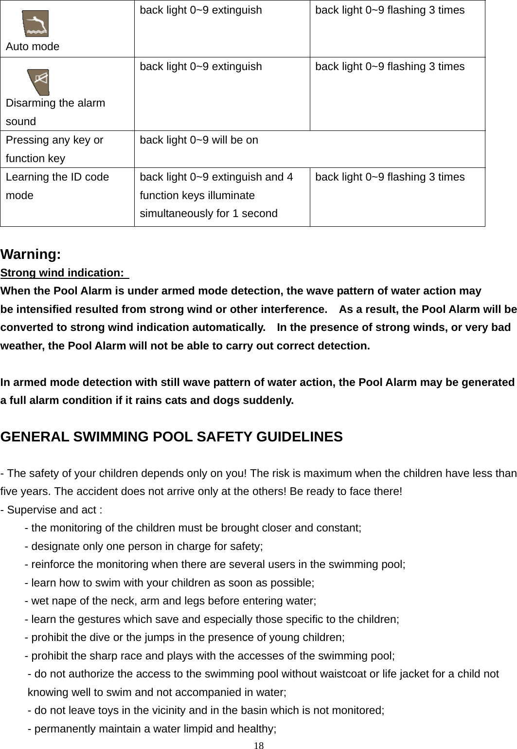   Auto mode back light 0~9 extinguish  back light 0~9 flashing 3 times   Disarming the alarm sound back light 0~9 extinguish  back light 0~9 flashing 3 times Pressing any key or function key back light 0~9 will be on Learning the ID code mode back light 0~9 extinguish and 4 function keys illuminate simultaneously for 1 second back light 0~9 flashing 3 times  Warning:  Strong wind indication:   When the Pool Alarm is under armed mode detection, the wave pattern of water action may be intensified resulted from strong wind or other interference.    As a result, the Pool Alarm will be converted to strong wind indication automatically.    In the presence of strong winds, or very bad weather, the Pool Alarm will not be able to carry out correct detection.  In armed mode detection with still wave pattern of water action, the Pool Alarm may be generated a full alarm condition if it rains cats and dogs suddenly.  GENERAL SWIMMING POOL SAFETY GUIDELINES  - The safety of your children depends only on you! The risk is maximum when the children have less than five years. The accident does not arrive only at the others! Be ready to face there!   - Supervise and act :   - the monitoring of the children must be brought closer and constant;   - designate only one person in charge for safety;   - reinforce the monitoring when there are several users in the swimming pool;   - learn how to swim with your children as soon as possible;  - wet nape of the neck, arm and legs before entering water;   - learn the gestures which save and especially those specific to the children;  - prohibit the dive or the jumps in the presence of young children;   - prohibit the sharp race and plays with the accesses of the swimming pool;  - do not authorize the access to the swimming pool without waistcoat or life jacket for a child not knowing well to swim and not accompanied in water;   - do not leave toys in the vicinity and in the basin which is not monitored;   - permanently maintain a water limpid and healthy;   18 