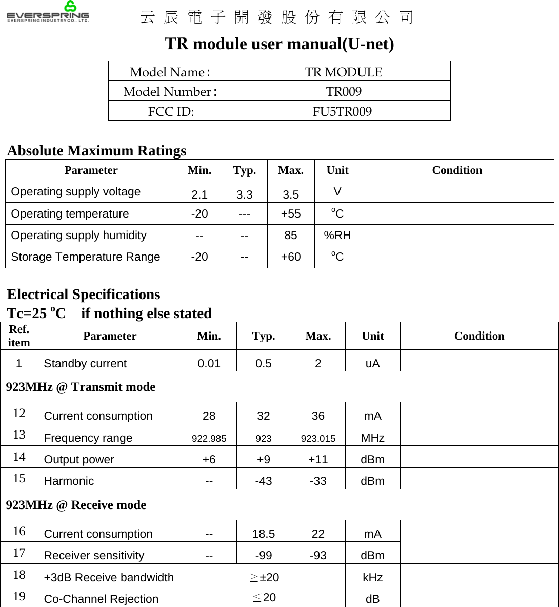    云辰電子開發股份有限公司 TR module user manual(U-net) Model Name: TR MODULE Model Number: TR009 FCC ID:  FU5TR009  Absolute Maximum Ratings Parameter Min. Typ. Max. Unit  Condition Operating supply voltage  2.1 3.3 3.5  V   Operating temperature  -20  ---  +55  oC   Operating supply humidity  --  --  85  %RH  Storage Temperature Range  -20  --  +60  oC   Electrical Specifications Tc=25 oC if nothing else stated Ref. item  Parameter Min. Typ. Max. Unit  Condition 1 Standby current  0.01  0.5  2  uA   923MHz @ Transmit mode 12  Current consumption  28 32 36 mA   13  Frequency range  922.985 923 923.015 MHz   14  Output power  +6  +9  +11  dBm   15  Harmonic -- -43 -33 dBm  923MHz @ Receive mode 16  Current consumption  -- 18.5 22 mA   17  Receiver sensitivity -- -99 -93 dBm   18  +3dB Receive bandwidth  ±20≧ kHz   19  Co-Channel Rejection  ≦20  dB     