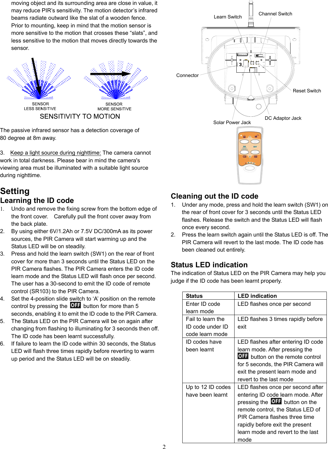 2 moving object and its surrounding area are close in value, it may reduce PIR’s sensitivity. The motion detector’s infrared beams radiate outward like the slat of a wooden fence. Prior to mounting, keep in mind that the motion sensor is more sensitive to the motion that crosses these “slats”, and less sensitive to the motion that moves directly towards the sensor.           The passive infrared sensor has a detection coverage of     80 degree at 8m away.  3.    Keep a light source during nighttime: The camera cannot work in total darkness. Please bear in mind the camera&apos;s viewing area must be illuminated with a suitable light source during nighttime.  Setting Learning the ID code 1.  Undo and remove the fixing screw from the bottom edge of the front cover.    Carefully pull the front cover away from the back plate. 2.  By using either 6V/1.2Ah or 7.5V DC/300mA as its power sources, the PIR Camera will start warming up and the Status LED will be on steadily. 3.  Press and hold the learn switch (SW1) on the rear of front cover for more than 3 seconds until the Status LED on the PIR Camera flashes. The PIR Camera enters the ID code learn mode and the Status LED will flash once per second. The user has a 30-second to emit the ID code of remote control (SR103) to the PIR Camera. 4.  Set the 4-position slide switch to ‘A’ position on the remote control by pressing the    button for more than 5 seconds, enabling it to emit the ID code to the PIR Camera. 5.  The Status LED on the PIR Camera will be on again after changing from flashing to illuminating for 3 seconds then off. The ID code has been learnt successfully. 6.  If failure to learn the ID code within 30 seconds, the Status LED will flash three times rapidly before reverting to warm up period and the Status LED will be on steadily. Solar Power JackLearn SwitchReset SwitchChannel SwitchConnectorDC Adaptor Jack   Cleaning out the ID code 1.  Under any mode, press and hold the learn switch (SW1) on the rear of front cover for 3 seconds until the Status LED flashes. Release the switch and the Status LED will flash once every second. 2.  Press the learn switch again until the Status LED is off. The PIR Camera will revert to the last mode. The ID code has been cleaned out entirely.  Status LED indication   The indication of Status LED on the PIR Camera may help you judge if the ID code has been learnt properly.  Status LED indication Enter ID code learn mode LED flashes once per second Fail to learn the ID code under ID code learn mode LED flashes 3 times rapidly before exit  ID codes have been learnt LED flashes after entering ID code learn mode. After pressing the  button on the remote control for 5 seconds, the PIR Camera will exit the present learn mode and revert to the last mode   Up to 12 ID codes have been learnt LED flashes once per second after entering ID code learn mode. After pressing the    button on the remote control, the Status LED of PIR Camera flashes three time rapidly before exit the present learn mode and revert to the last mode 