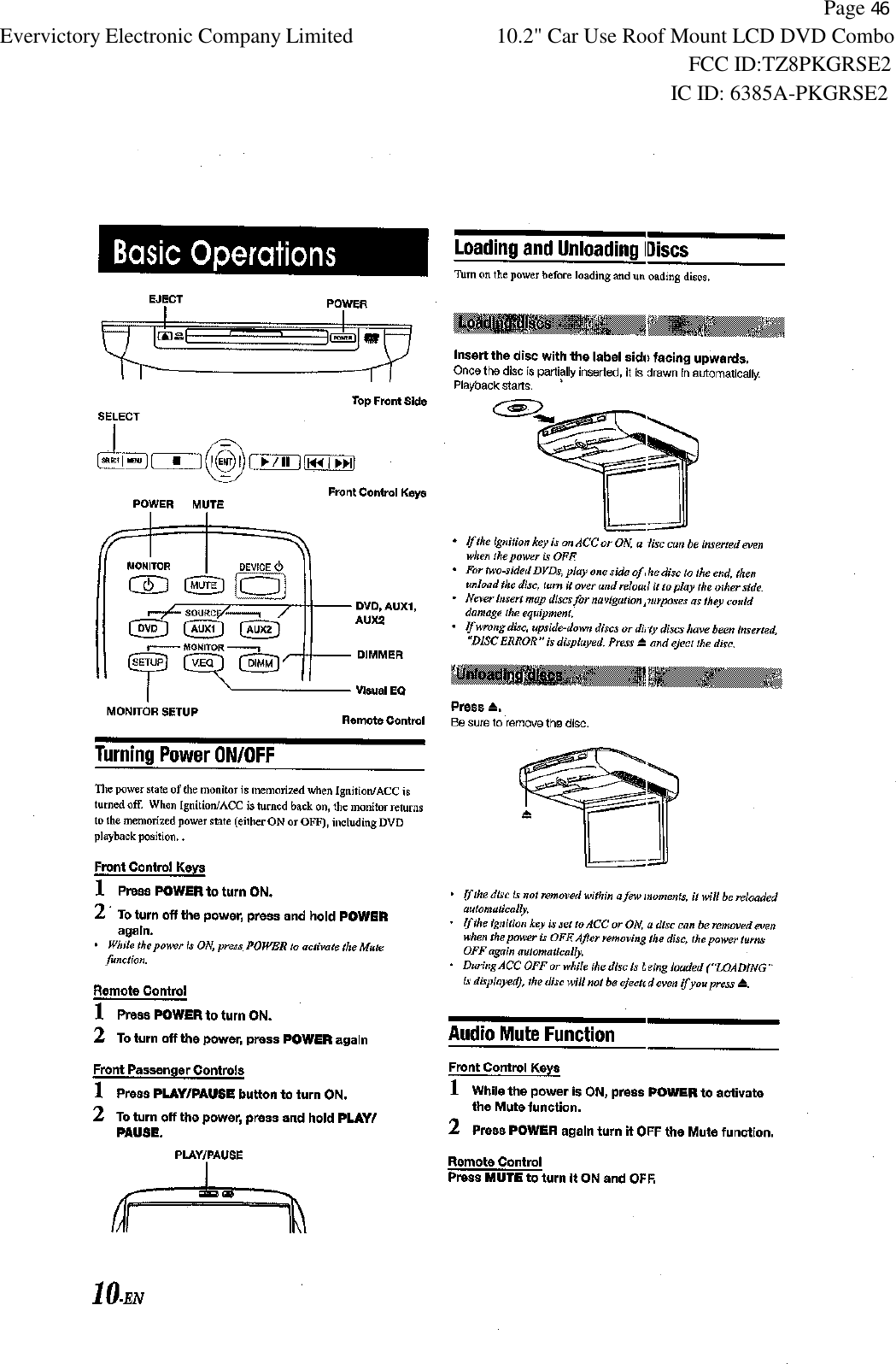           Page 46 Evervictory Electronic Company Limited 10.2" Car Use Roof Mount LCD DVD Combo                                                              FCC ID:TZ8PKGRSE2                                                            IC ID: 6385A-PKGRSE2   