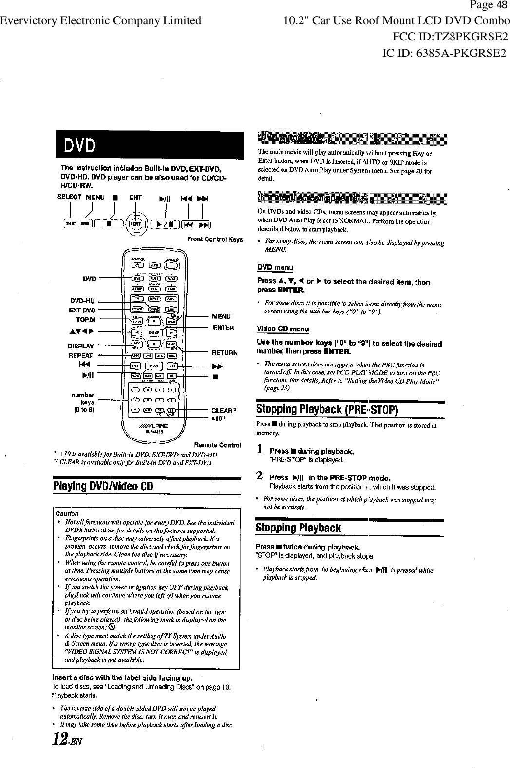           Page 48 Evervictory Electronic Company Limited 10.2" Car Use Roof Mount LCD DVD Combo                                                              FCC ID:TZ8PKGRSE2                                                            IC ID: 6385A-PKGRSE2   