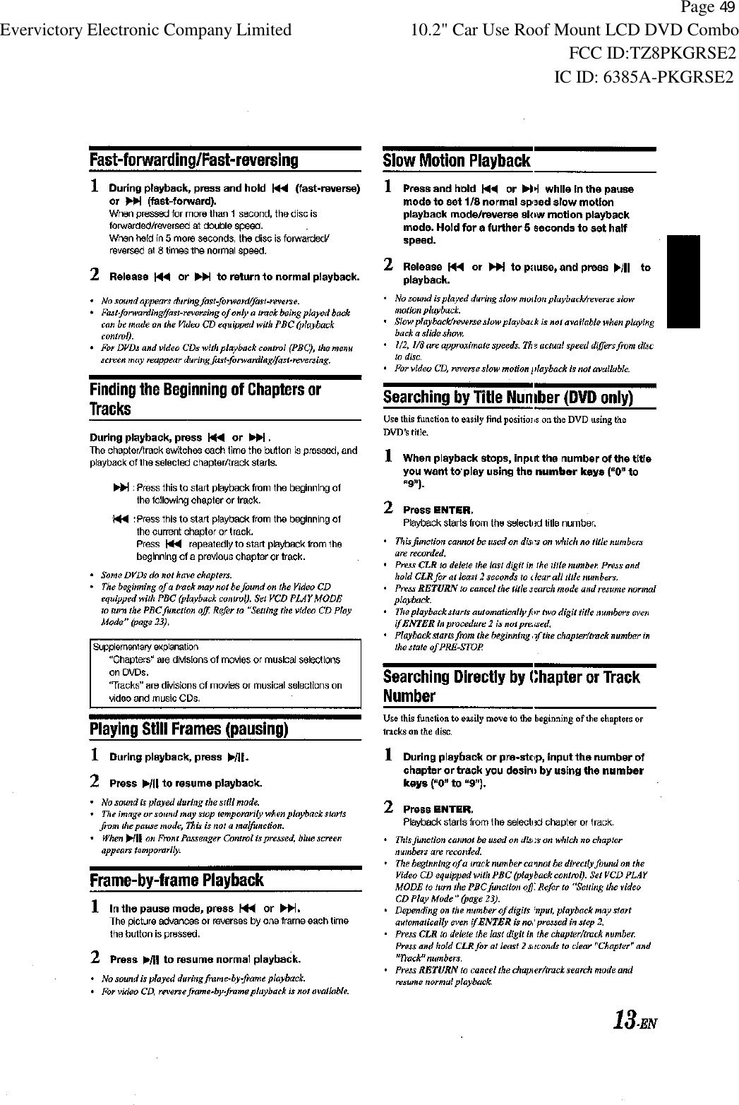           Page 49 Evervictory Electronic Company Limited 10.2" Car Use Roof Mount LCD DVD Combo                                                              FCC ID:TZ8PKGRSE2                                                            IC ID: 6385A-PKGRSE2   