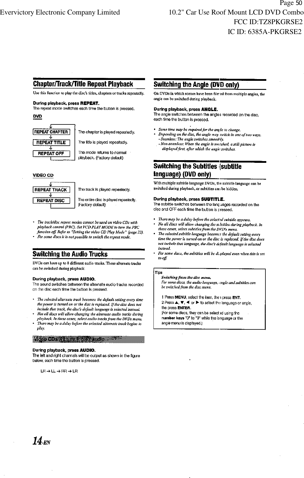          Page 50 Evervictory Electronic Company Limited 10.2" Car Use Roof Mount LCD DVD Combo                                                              FCC ID:TZ8PKGRSE2                                                            IC ID: 6385A-PKGRSE2   