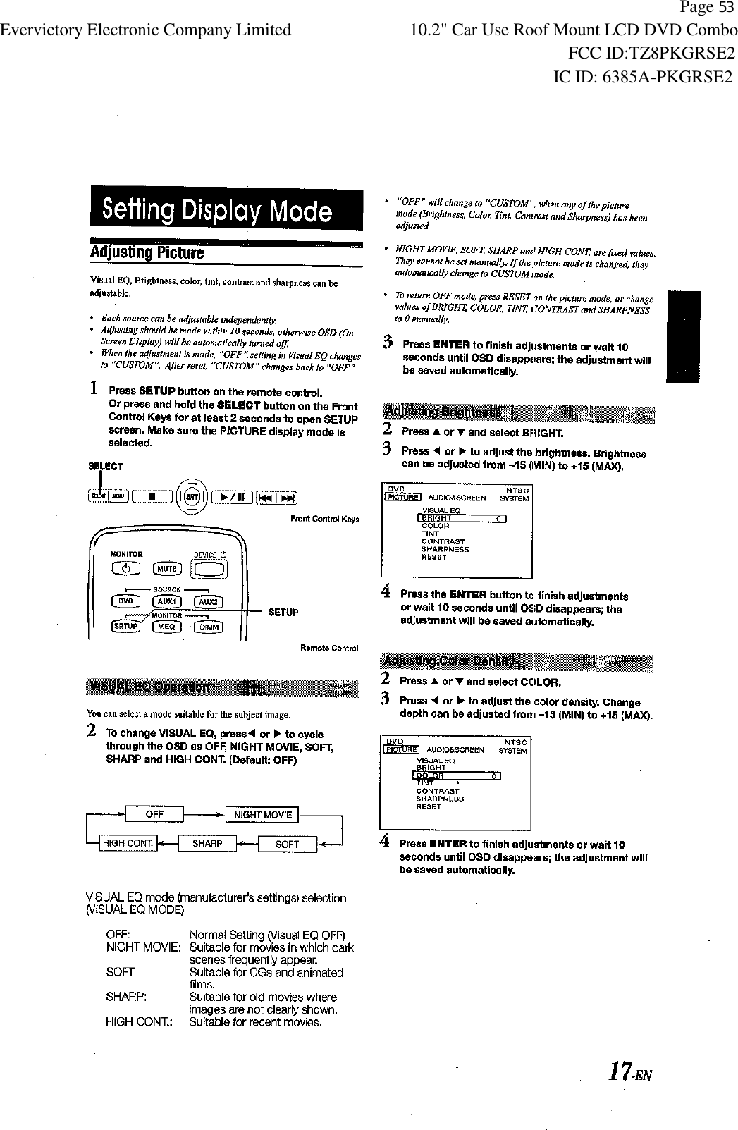           Page 53 Evervictory Electronic Company Limited 10.2" Car Use Roof Mount LCD DVD Combo                                                              FCC ID:TZ8PKGRSE2                                                            IC ID: 6385A-PKGRSE2   