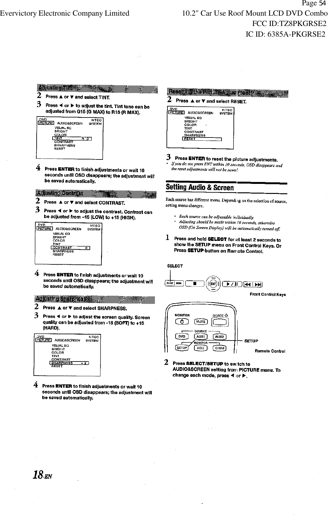           Page 54 Evervictory Electronic Company Limited 10.2" Car Use Roof Mount LCD DVD Combo                                                              FCC ID:TZ8PKGRSE2                                                            IC ID: 6385A-PKGRSE2   