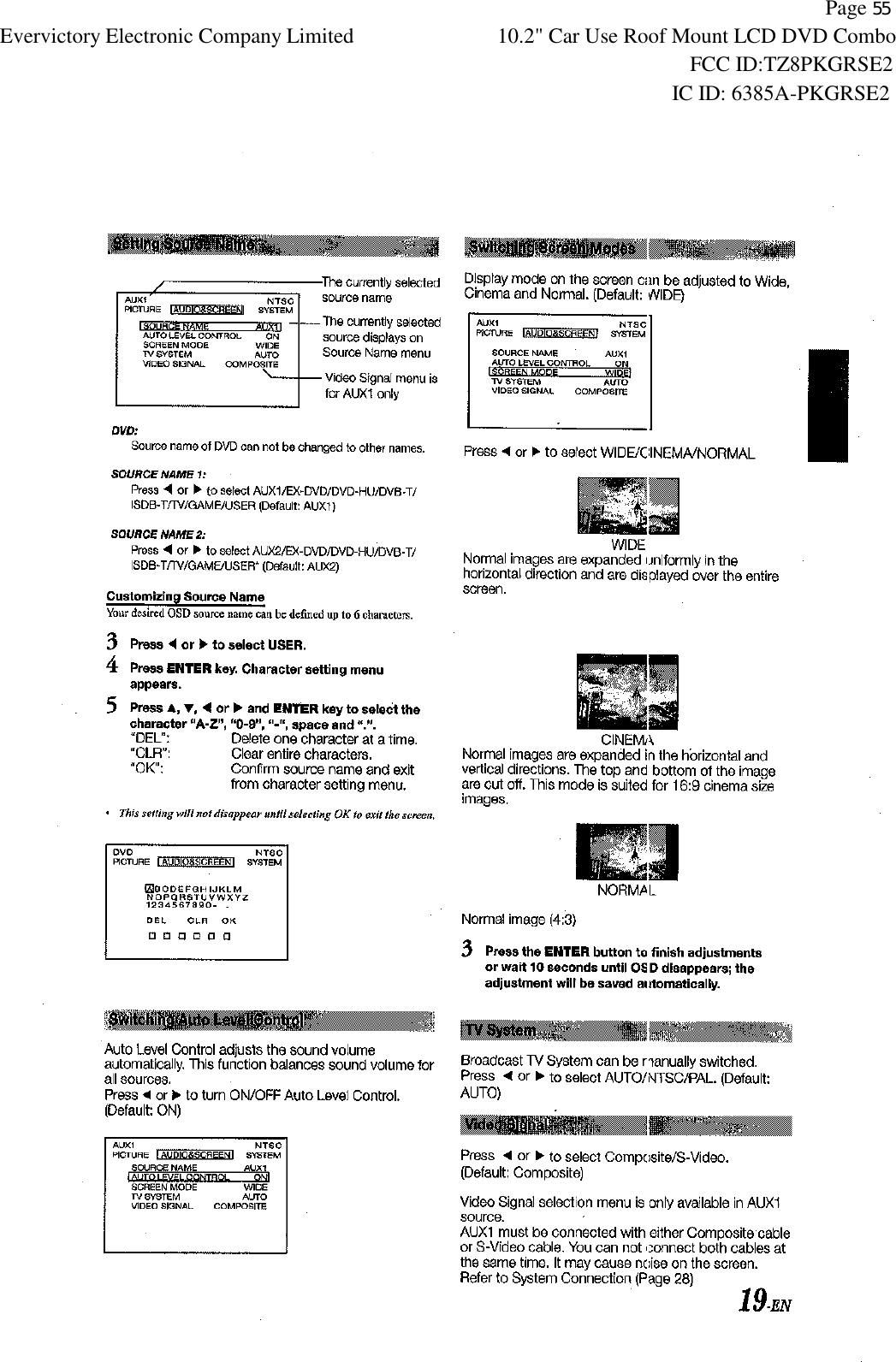           Page 55 Evervictory Electronic Company Limited 10.2" Car Use Roof Mount LCD DVD Combo                                                              FCC ID:TZ8PKGRSE2                                                            IC ID: 6385A-PKGRSE2   