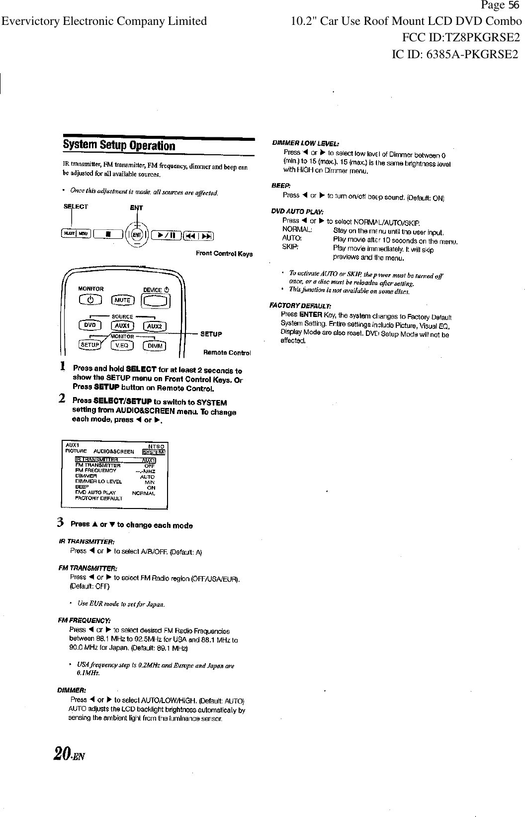           Page 56 Evervictory Electronic Company Limited 10.2" Car Use Roof Mount LCD DVD Combo                                                              FCC ID:TZ8PKGRSE2                                                            IC ID: 6385A-PKGRSE2   