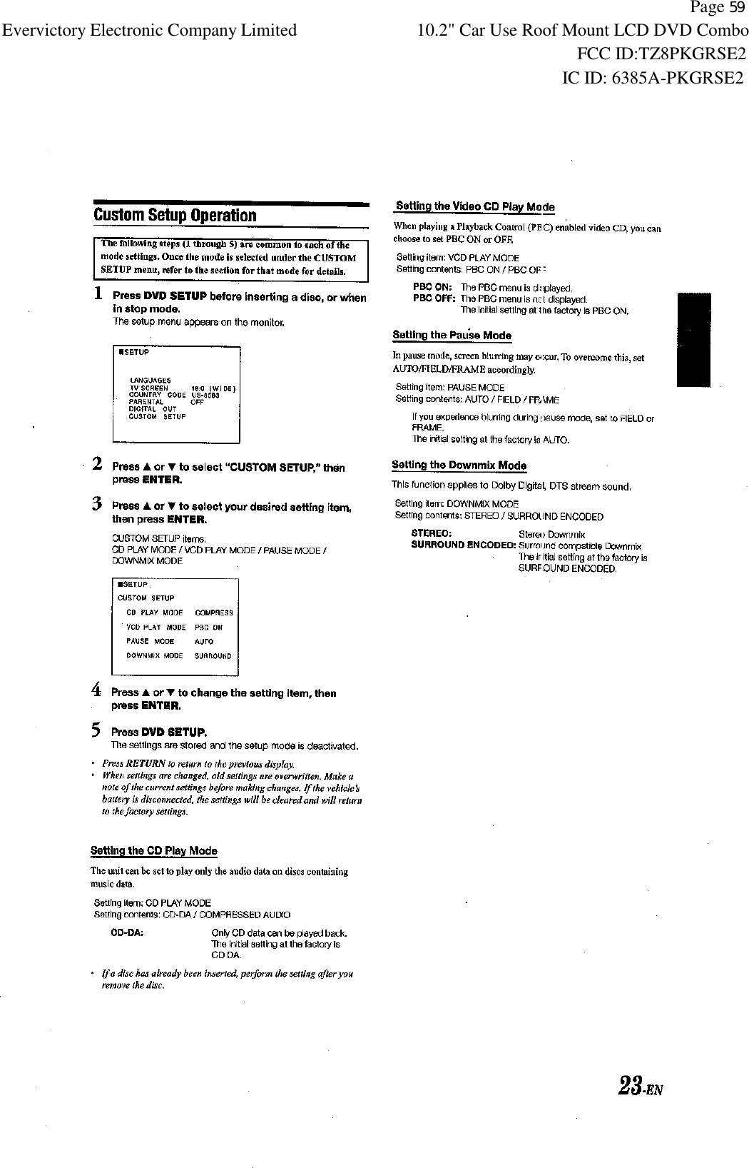           Page 59 Evervictory Electronic Company Limited 10.2" Car Use Roof Mount LCD DVD Combo                                                              FCC ID:TZ8PKGRSE2                                                            IC ID: 6385A-PKGRSE2   