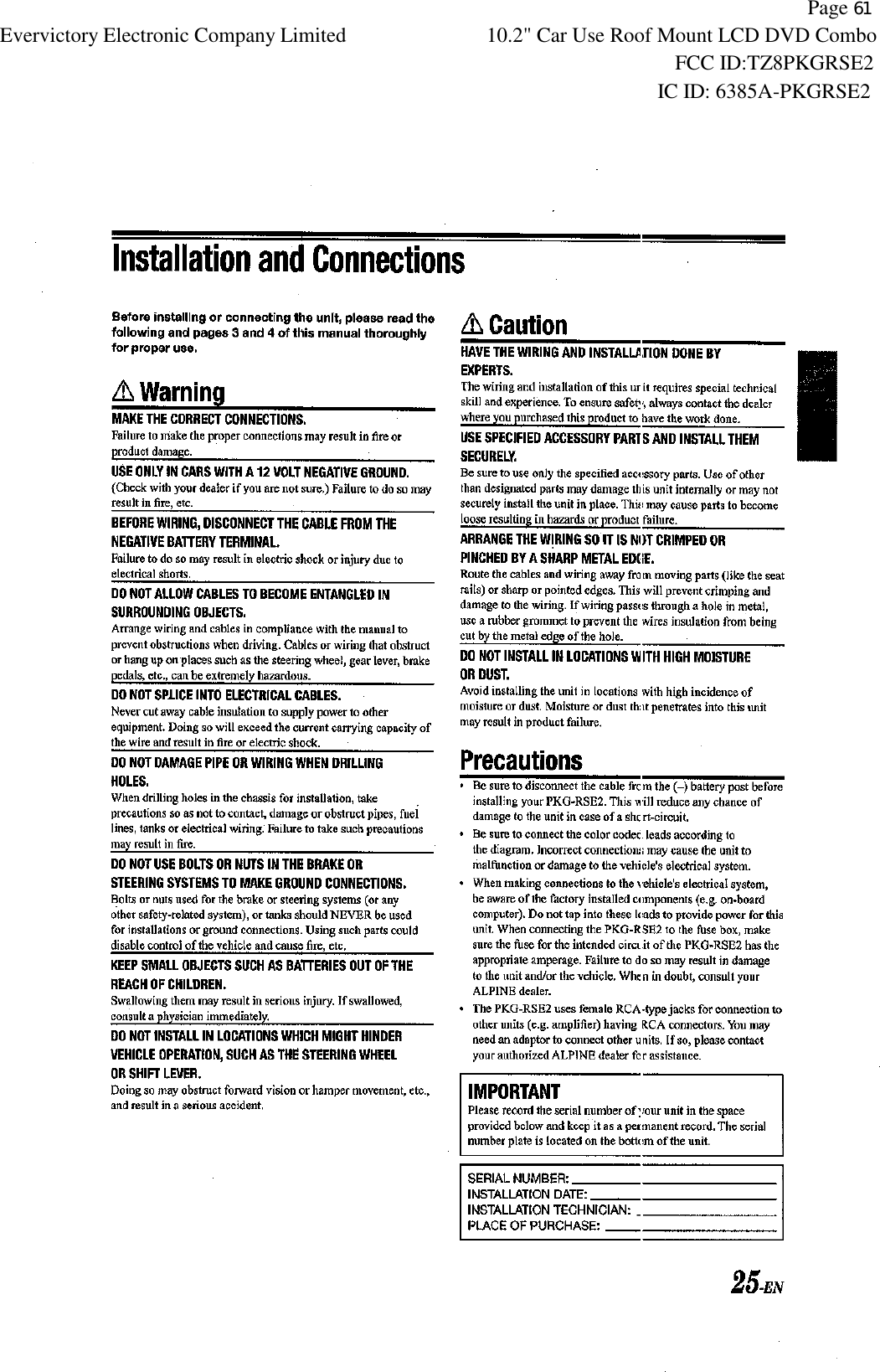           Page 61 Evervictory Electronic Company Limited 10.2" Car Use Roof Mount LCD DVD Combo                                                              FCC ID:TZ8PKGRSE2                                                            IC ID: 6385A-PKGRSE2   