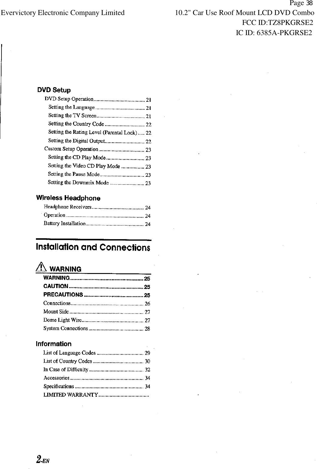           Page 38 Evervictory Electronic Company Limited 10.2" Car Use Roof Mount LCD DVD Combo                                                              FCC ID:TZ8PKGRSE2                                                            IC ID: 6385A-PKGRSE2   